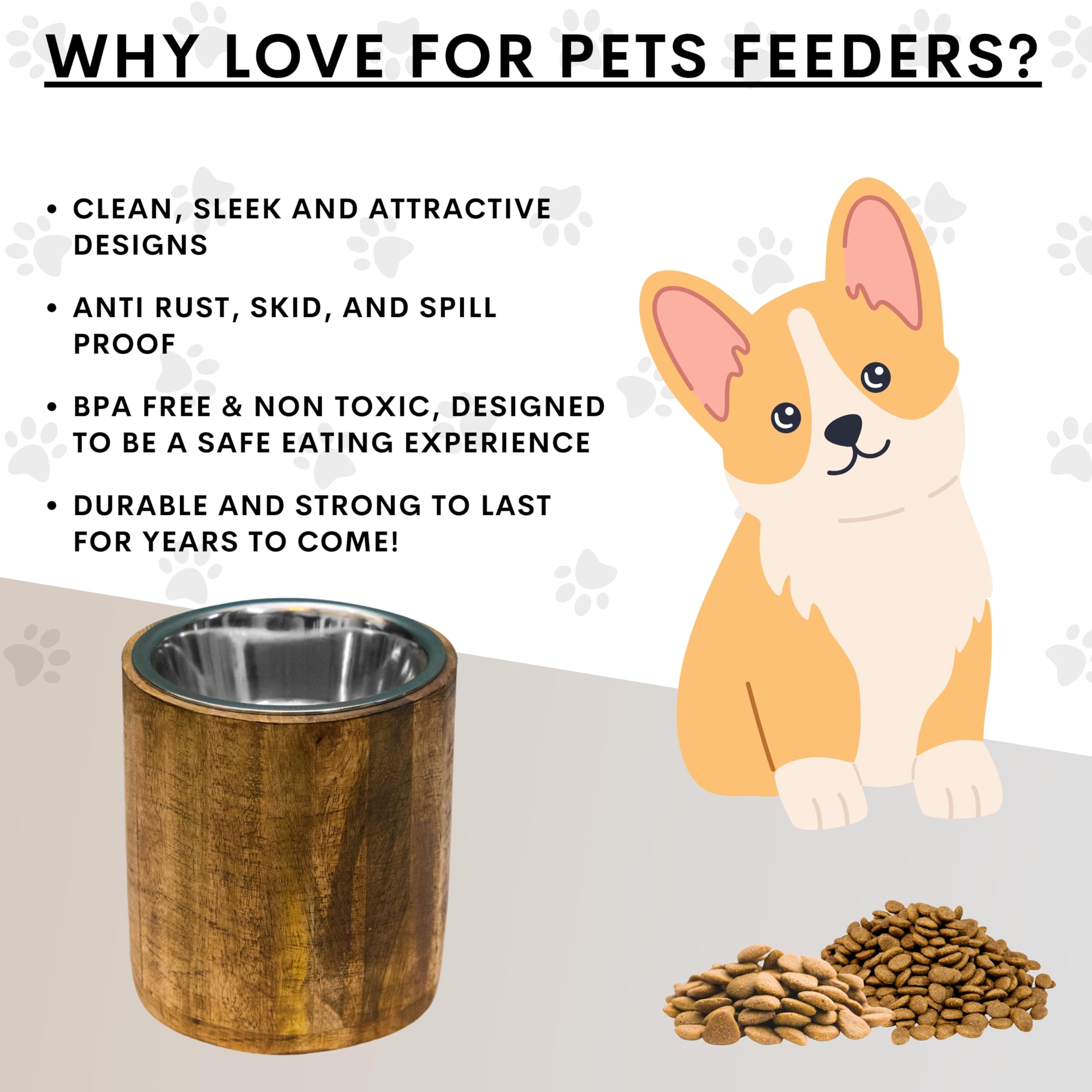 Premium Raised Wooden Pet Food Stand with Stainless Steel Bowl - 1.8L (2 Quart) Elevated Dog Cat Feeder for Comfortable Dining - Perfect for Kitchen, Living Room or Pet Feeding Station