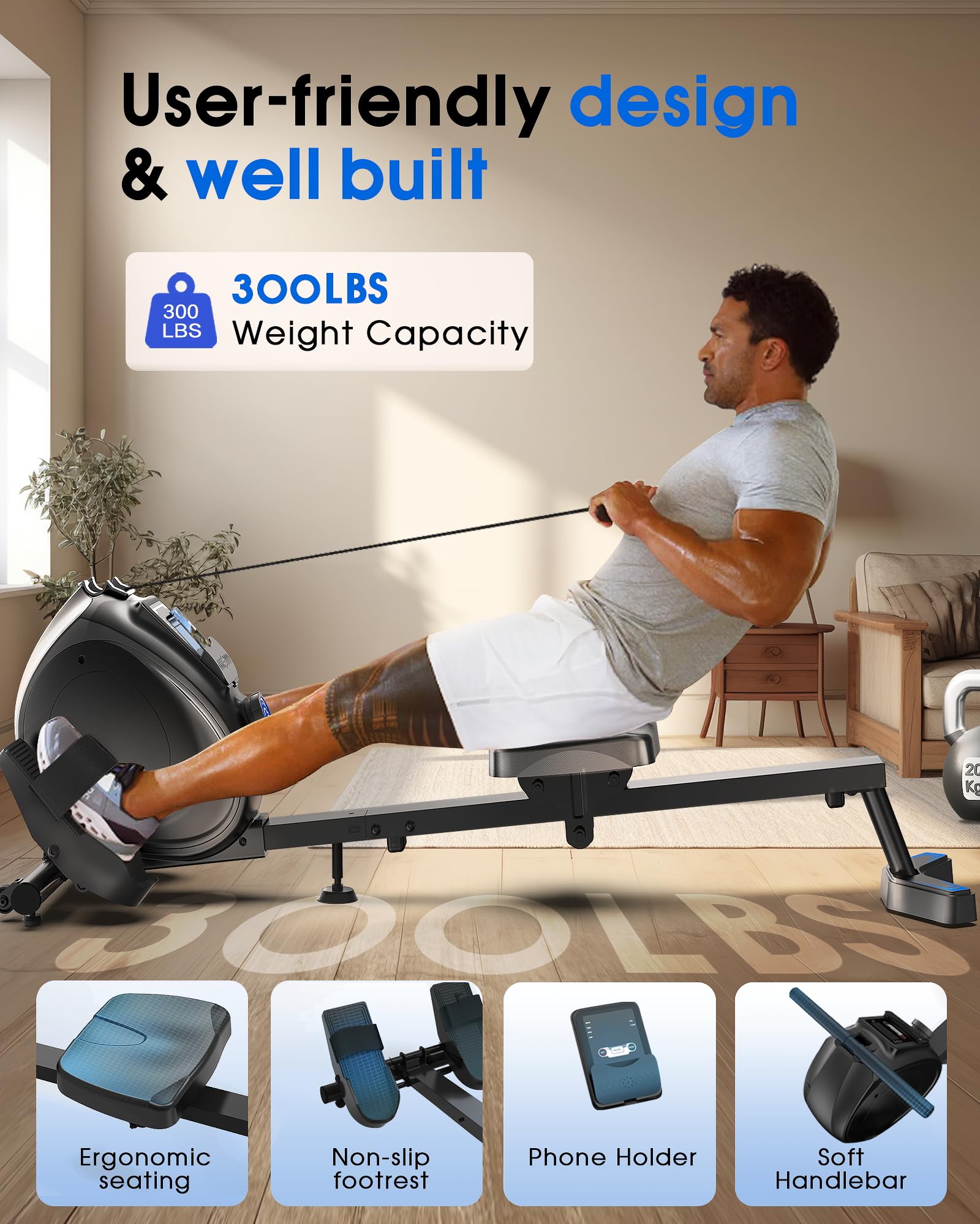 WELLFIT Magnetic Rowing Machine for Home - Compact Foldable Rower with 8-Level Resistance (300lbs Capacity) | Perfect for Small Spaces & Full-Body Workouts | Compatible with Kinomap App for Interactive Training