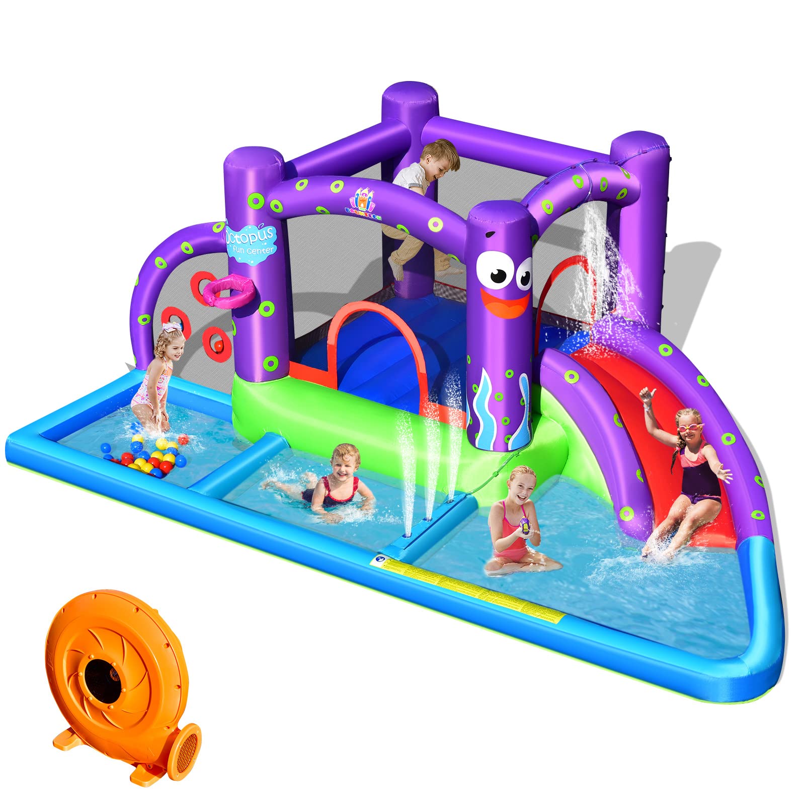 **HONEY JOY 6-in-1 Inflatable Water Slide & Bounce House with 750W Blower, Splash Pool, and Slide - Giant Outdoor Water Park for Kids & Adults - Perfect for Backyard Parties, Summer Fun, and Family Gatherings**
