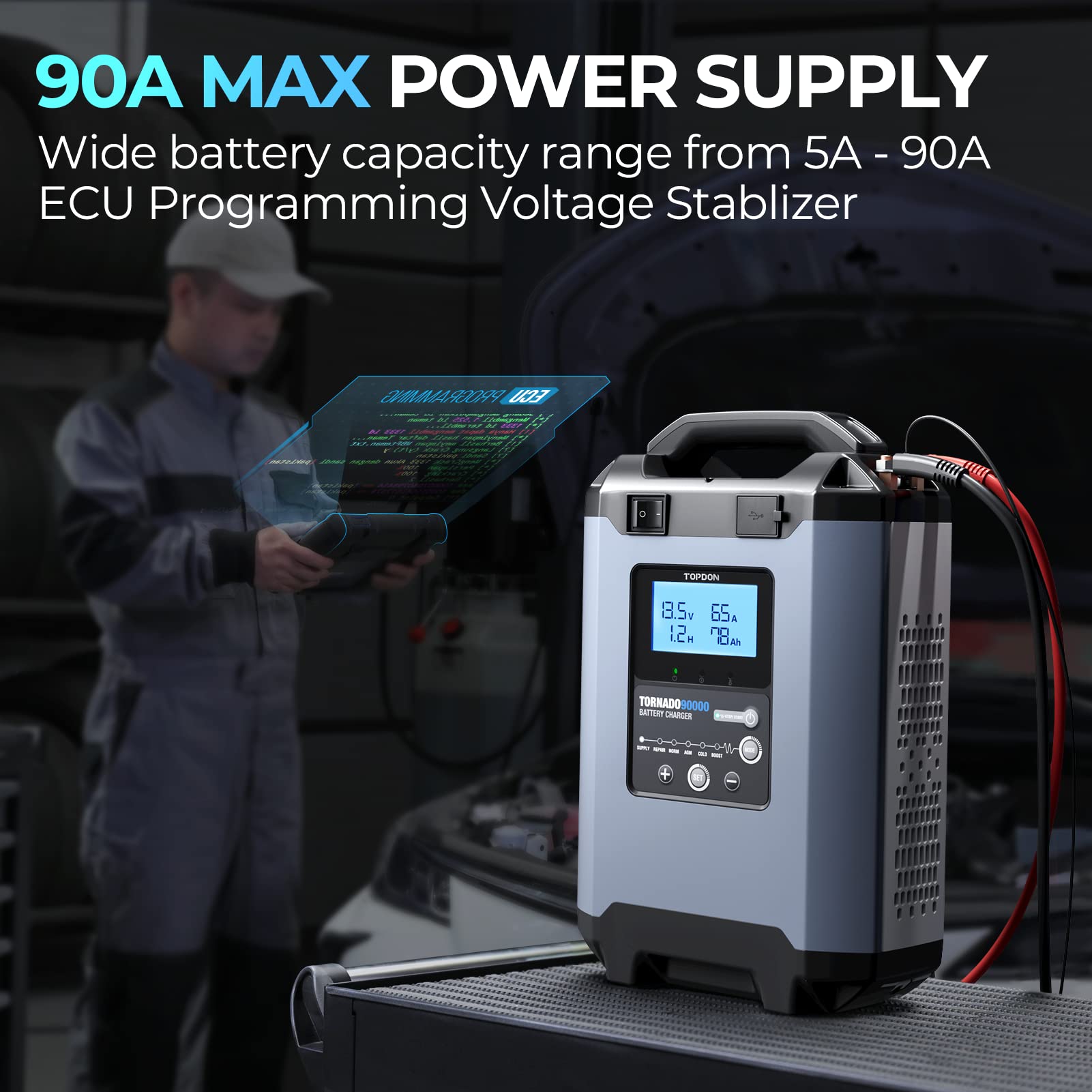 TOPDON T90A 12V/24V 5A-90A Smart Car Battery Charger & Maintainer - Automatic Desulfator for Automotive, Marine, Truck & Motorcycle Batteries - Perfect for Winter Storage, RV Maintenance & Emergency Jump Starts