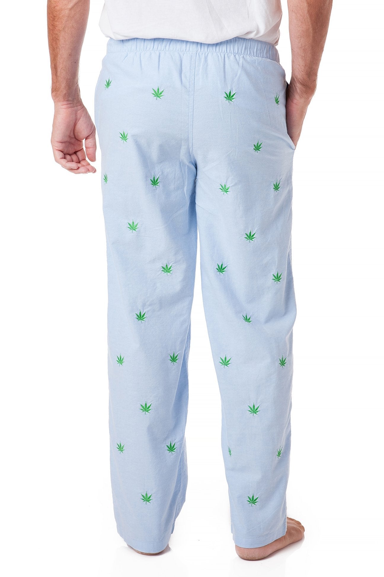 Blue Oxford Sleep Pants with Pot Leaf Design - Comfortable Lounge Pajama Bottoms for Relaxing at Home