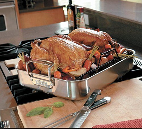 Viking 3-Ply Stainless Steel Roasting Pan with Non-Stick Rack - 16 x 13 Inch Oven Safe Cookware for Turkey, Chicken & Meat - Dishwasher Safe, Induction Compatible - Perfect for Holiday Dinners, Family Gatherings & Meal Prep
