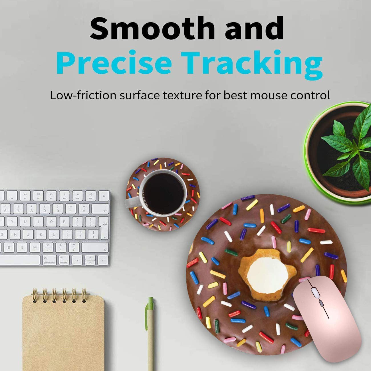 Non-Slip Donut with Sprinkles Design Round Mouse Pad & Coasters Set - Cute Rubber Mousepad for Computer, Laptop, Gaming & Office Desk Accessories - Perfect for Work, Home Office & Gaming Setup