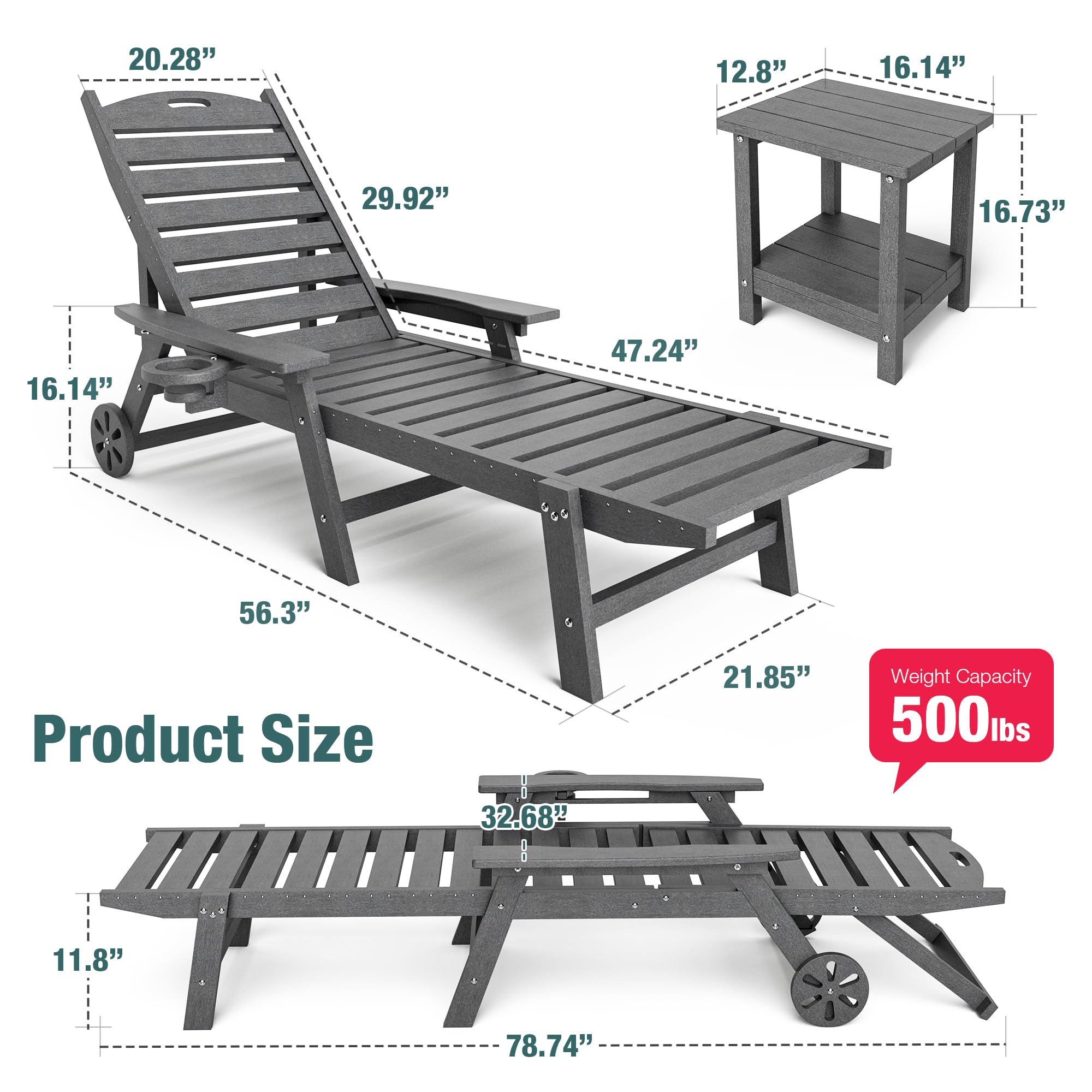**Pamapic 500 LB Capacity 2-Piece Lounge Chair Set with Coffee Table - Wide Armrest Oversized Chaise Lounge with Wheels, 4-Position Adjustable, Cup Holder - Gray Outdoor Poolside Relaxation Chairs for Patio, Backyard & Beach**