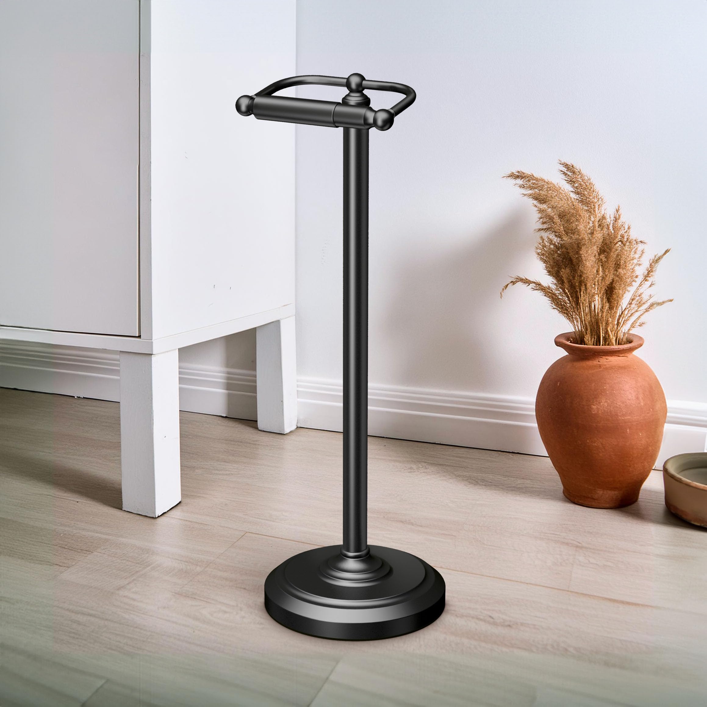 Gatco 1436MX Freestanding Toilet Paper Holder - 22 Inch Height Matte Black Floor Standing Bathroom Tissue Dispenser with Weighted Base | Perfect for Modern Bathrooms, Powder Rooms & Guest Baths