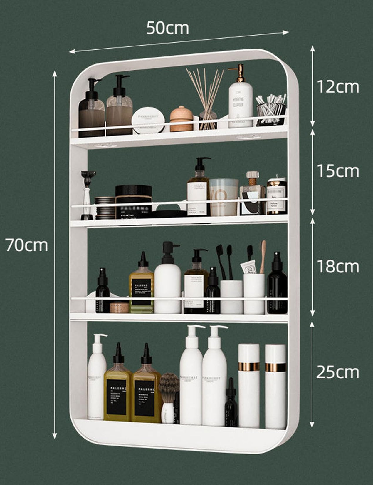 No Drill Wall Mount Makeup Organizer - 4 Tier Iron Cosmetic Shelf for Bathroom & Kitchen, Hanging Storage Rack (50x70cm, White) - Perfect for Small Spaces & Vanity Organization