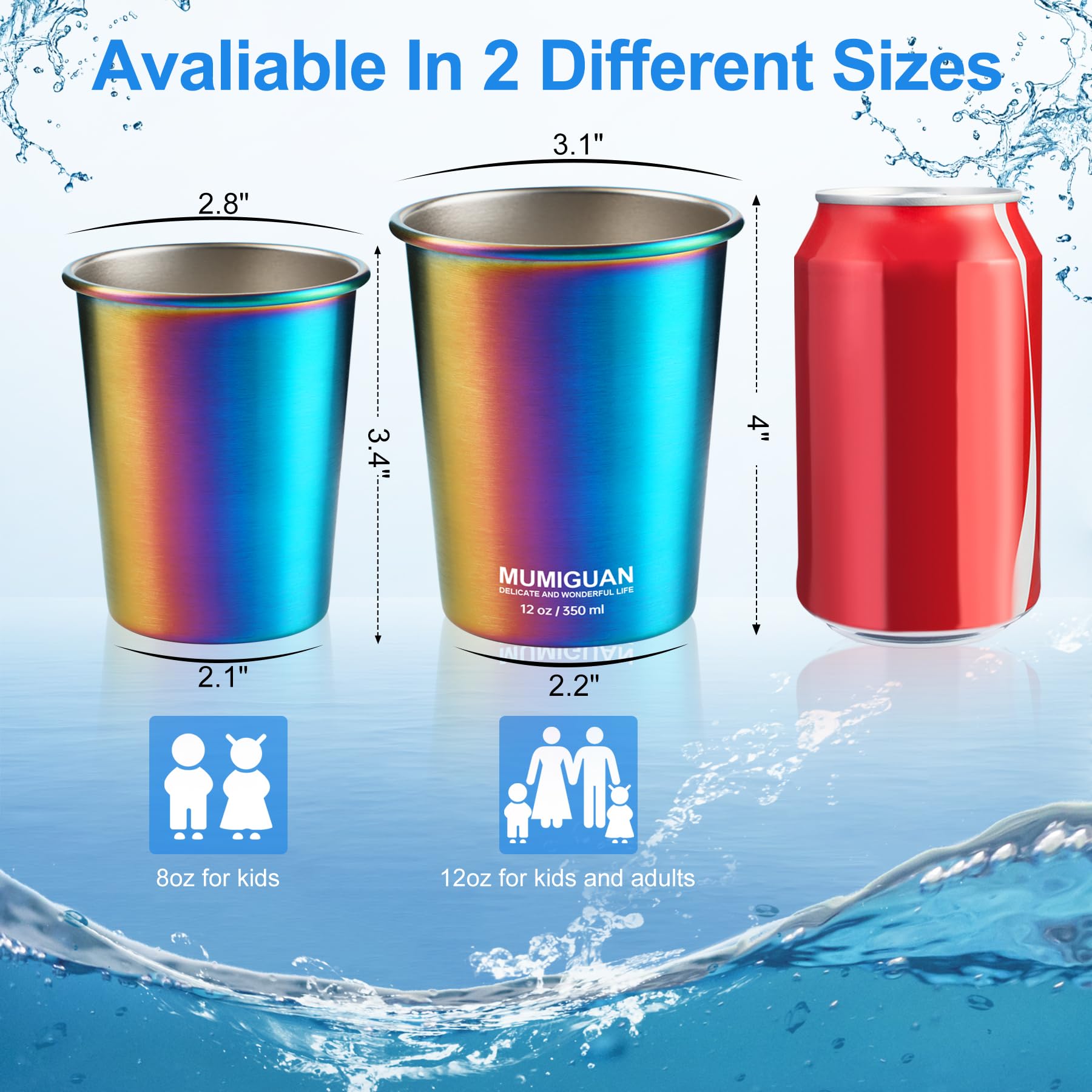 12oz Stainless Steel Kids Cups (4 Pack) - Rainbow Electroplated, BPA-Free, Stackable Metal Drinking Glasses for Toddlers - Perfect for Camping, Travel, and Everyday Use