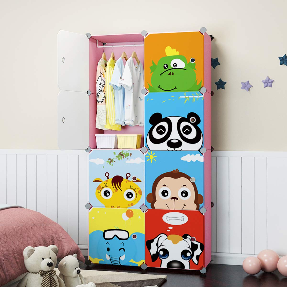 MAGINELS Kids Wardrobe Closet with Door - 8 Cube Storage Organizer for Baby Girl & Children (14x14 Inch, Pink) | Portable Dresser for Bedroom, Nursery & Playroom Clothes Organization