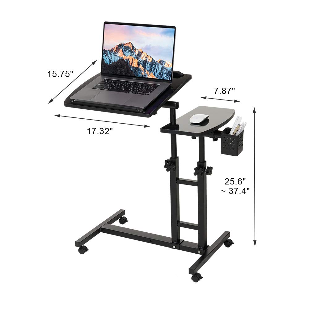 Adjustable Laptop Desk with Wheels - Portable Overbed Table, Tiltable Laptop Stand & Bedside Workstation - Perfect for Home Office, Hospital Bed, Dorm Room & Small Spaces (Black)