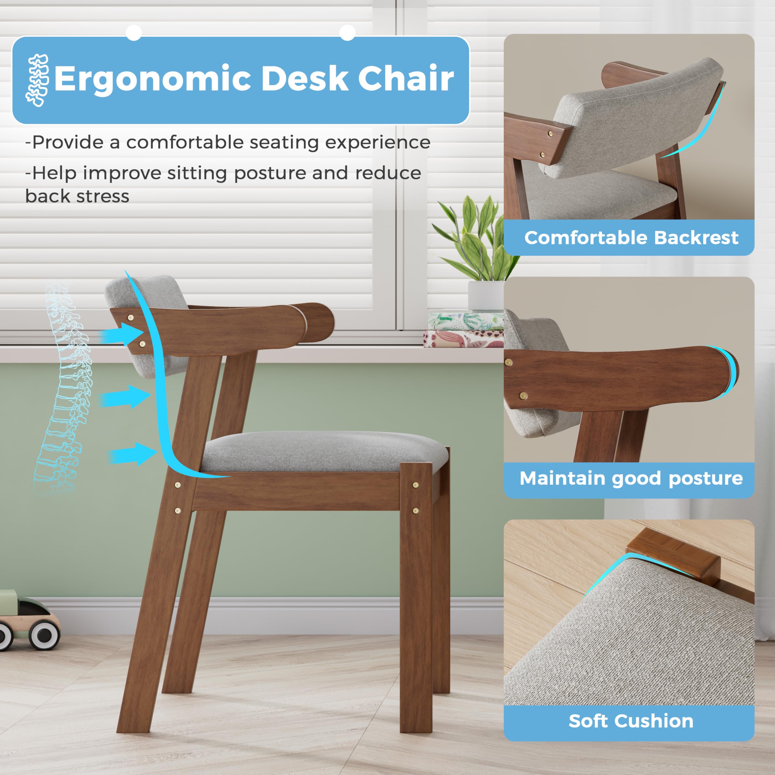 DELAVIN 39.37 Inch Solid Wood Kids Desk and Chair Set - Adjustable Study Computer Desk with Storage Drawers & Hutch - Children's Wooden Student Writing Art Table for Bedroom, Study Room, Home Schooling - Features Cable Management Hole in Walnut Finish - Perfect for Online Learning & Homework Station