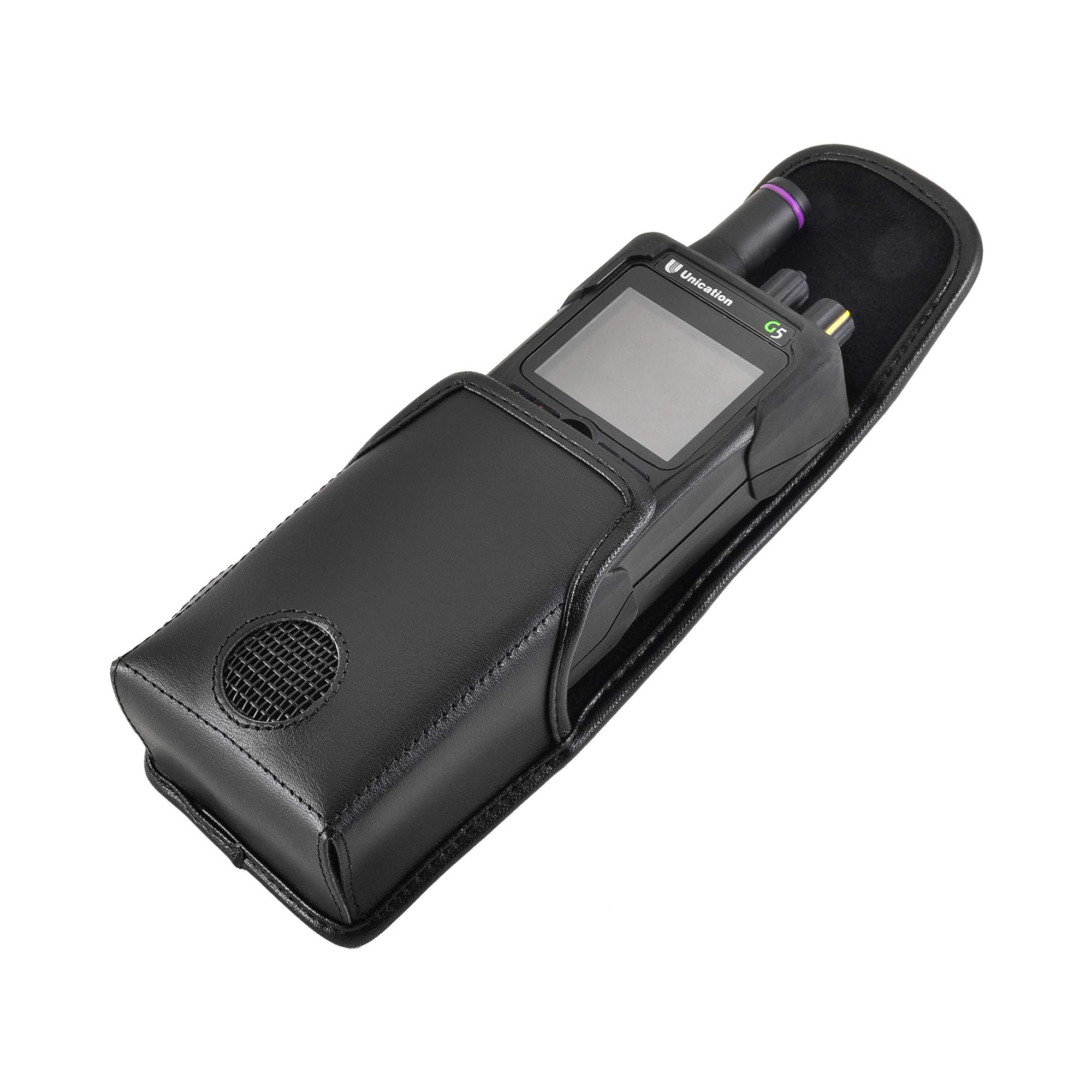 Premium Black Leather Holster Case for Unication G4 & G5 Voice Pagers - Heavy Duty Rotating Belt Clip & Magnetic Closure - Ideal for Firefighters, EMS, and Public Safety Professionals