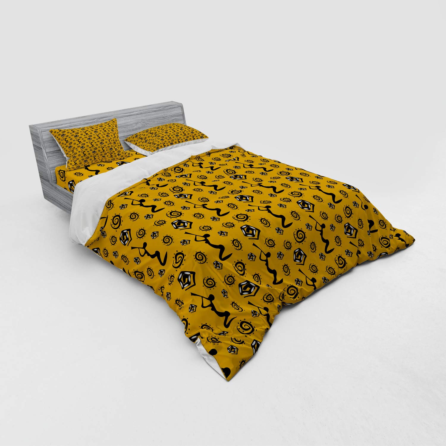 Ambesonne Tribal Queen Size 4-Piece Bedding Set - Yellow & Black Duvet Cover with Sham & Fitted Sheet, Featuring Woman Playing Instrument & Snake Pattern | Bohemian Bedroom Decor for Guest Rooms & Dorm