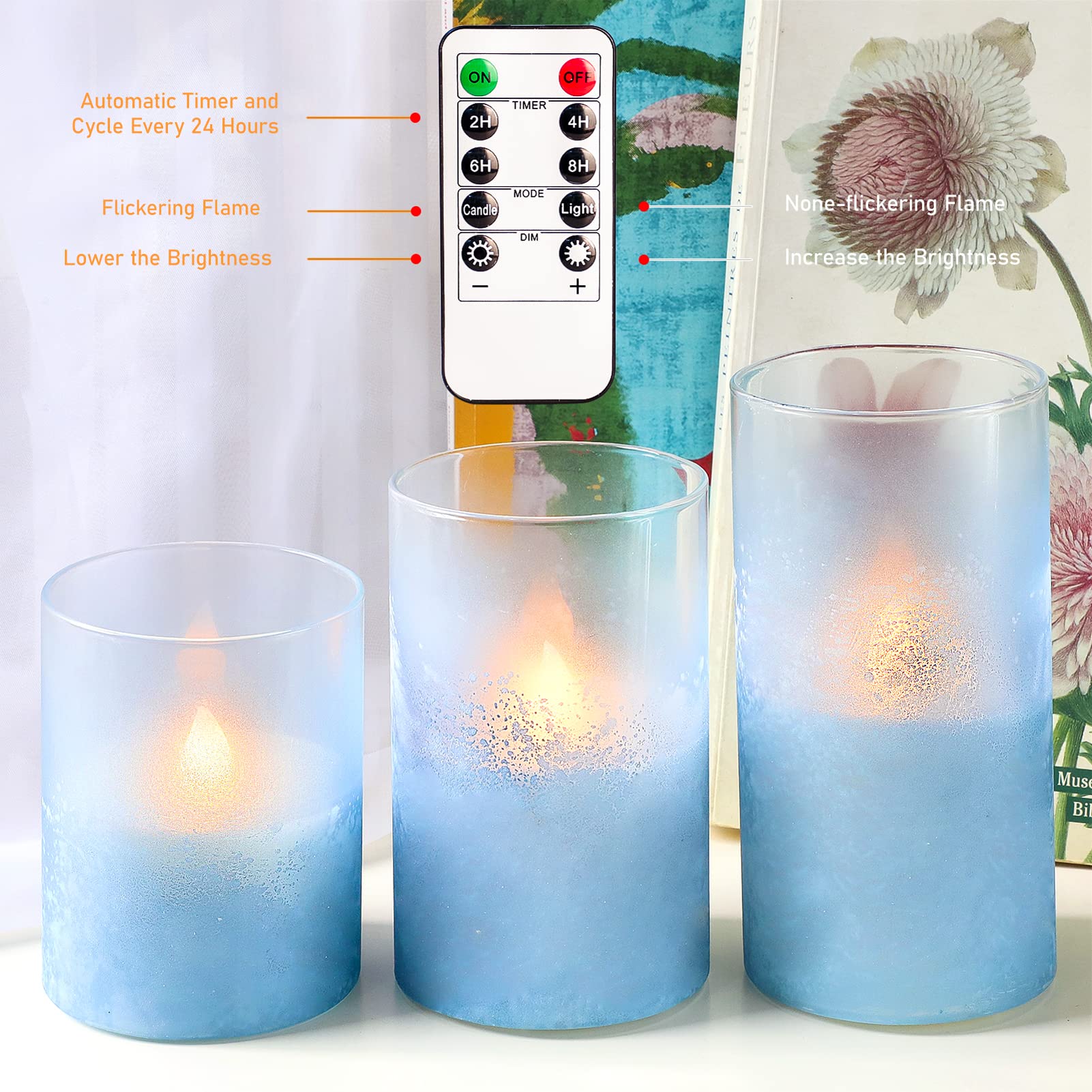Blue Glass Flameless LED Candles with Sandblast Design - Battery Operated with Remote & Timer - Perfect for Coastal, Birthday, Home, Bathroom, Nautical & Beach Decor - Romantic Ambiance for Weddings, Dinners & Relaxing Baths