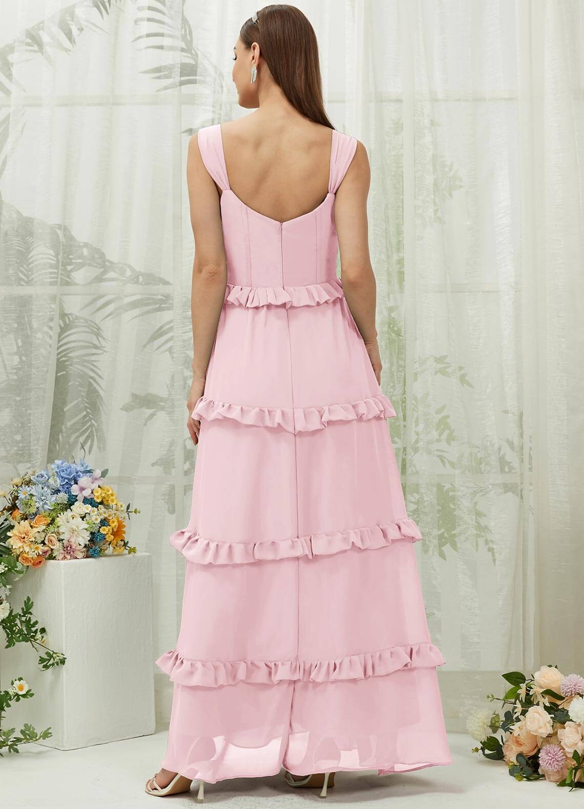 Elegant Blush Chiffon Sweetheart Neckline Strapless Tiered Maxi Bridesmaid Dress - Perfect for Weddings, Formal Events & Special Occasions