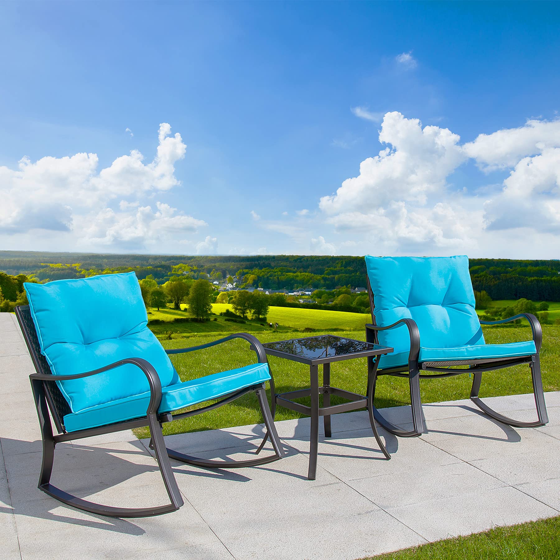 Domi Outdoor Living 3-Piece Rocking Bistro Set - Black Steel Wicker Rocking Chairs with Blue Cushions & Glass Top Coffee Table for Patio, Garden, or Backyard Relaxation