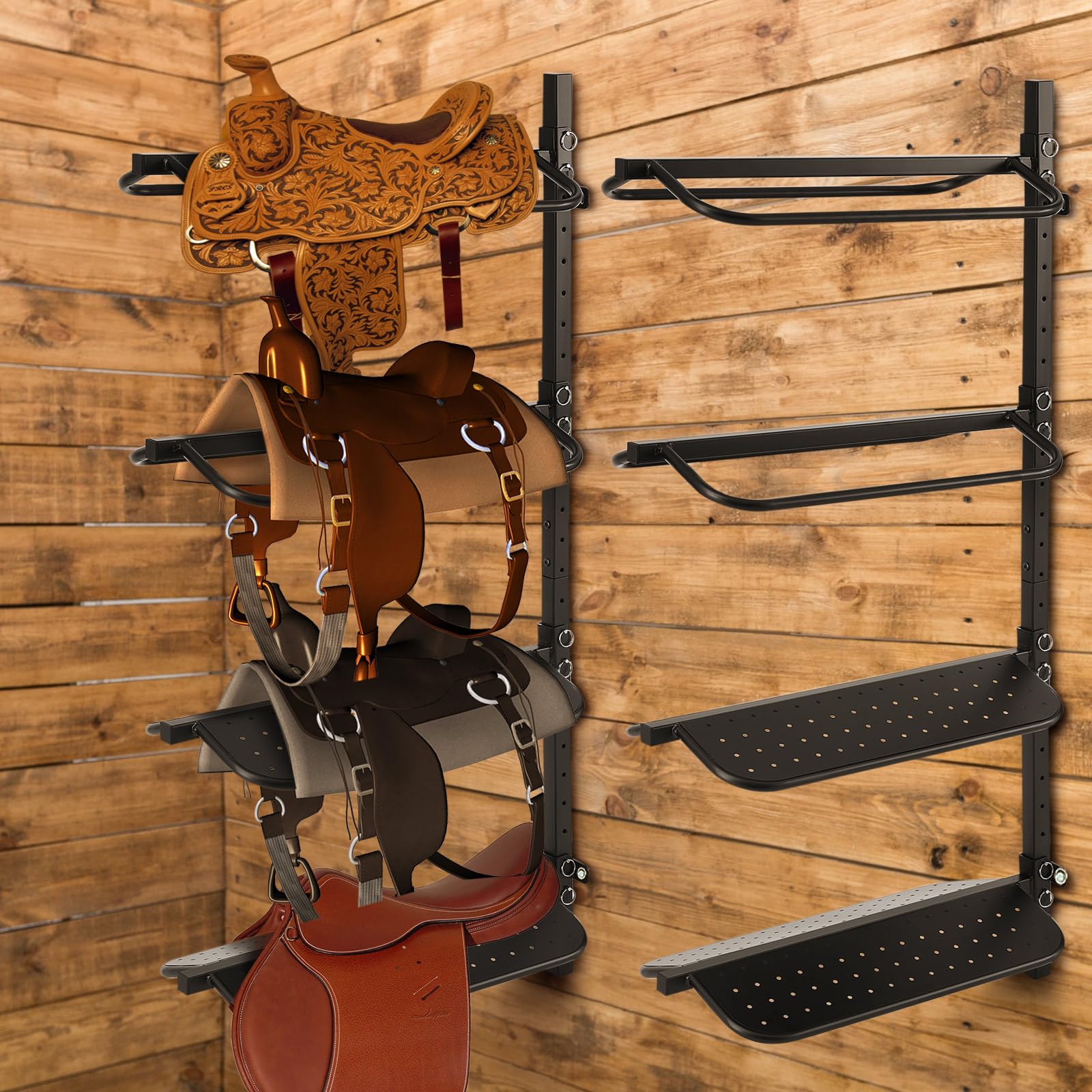 2 Pack Heavy Duty 4 Tier Wall Mount Saddle Rack Stand - 300LB Capacity (75 lbs/Layer) for Western & English Saddles - Alloy Steel Horse Tack Organizer for Bridles, Pads & Accessories - Perfect for Barns, Stables & Equestrian Storage