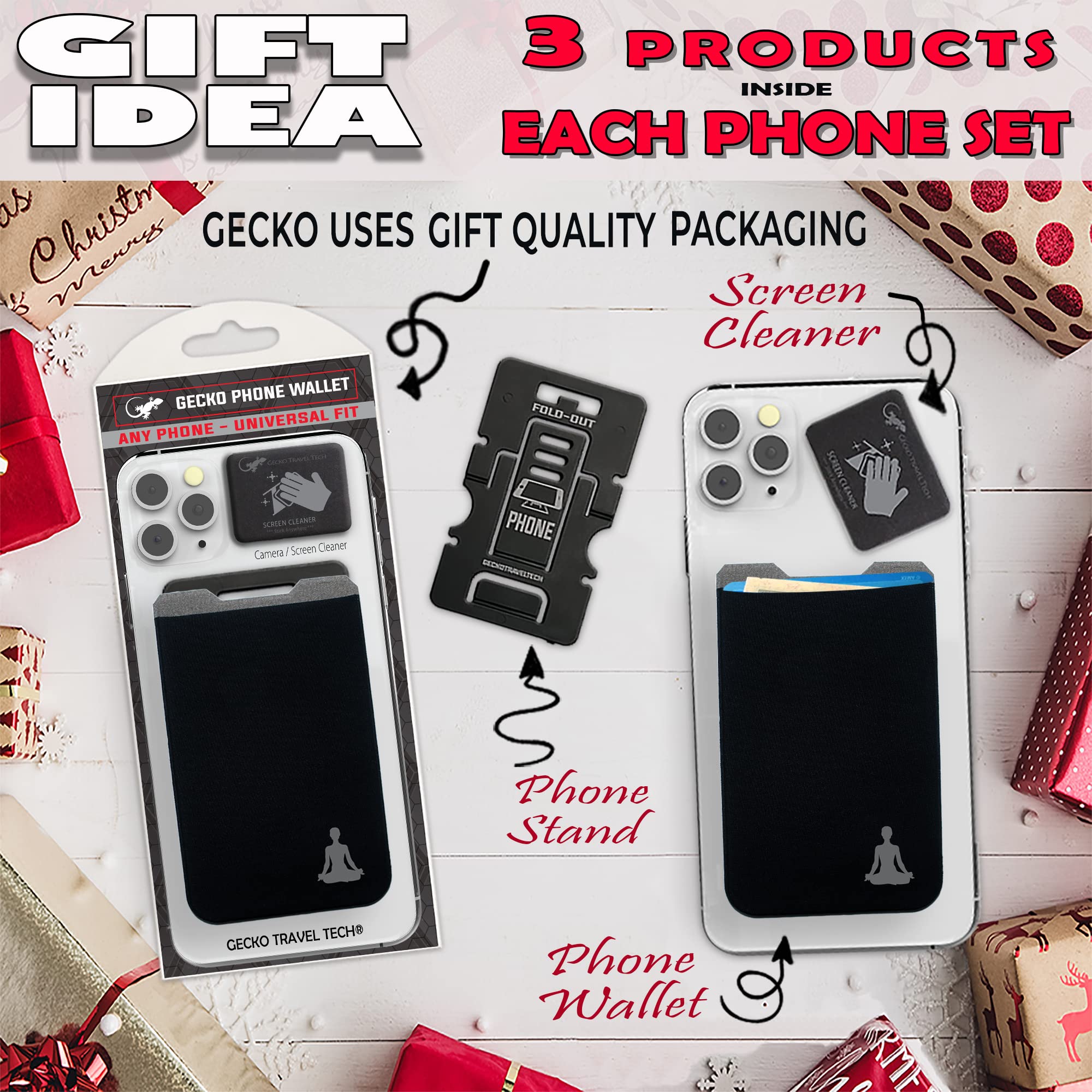 Gecko Stick-On Phone Wallet - Slim Adhesive Card Holder for Credit Cards & Cash - Secure Lycra Pouch for iPhone, Samsung & Smartphones - Perfect for Travel, Gym & Everyday Use