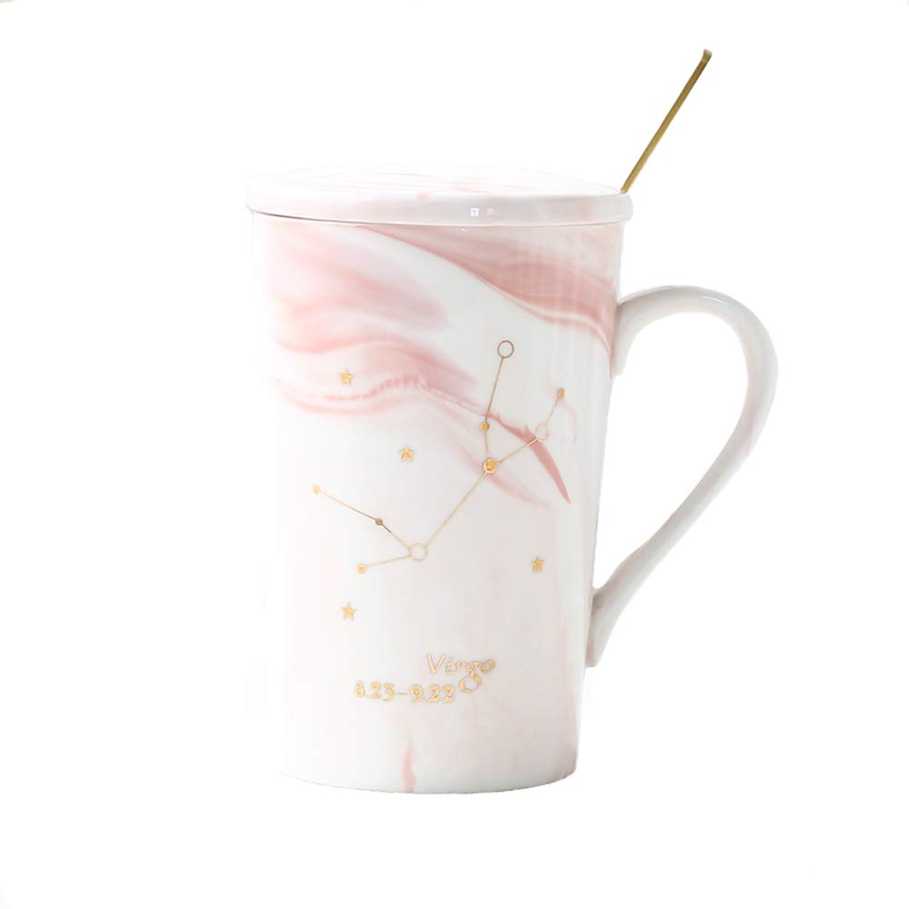 12 OZ Ceramic Coffee Mugs with Saucer - Zodiac Constellation Design for Tea, Juice & Coffee - Perfect Gift for Friends, Family & Coworkers (Virgo-Pink) - Ideal for Home, Office & Romantic Anniversary Gifts