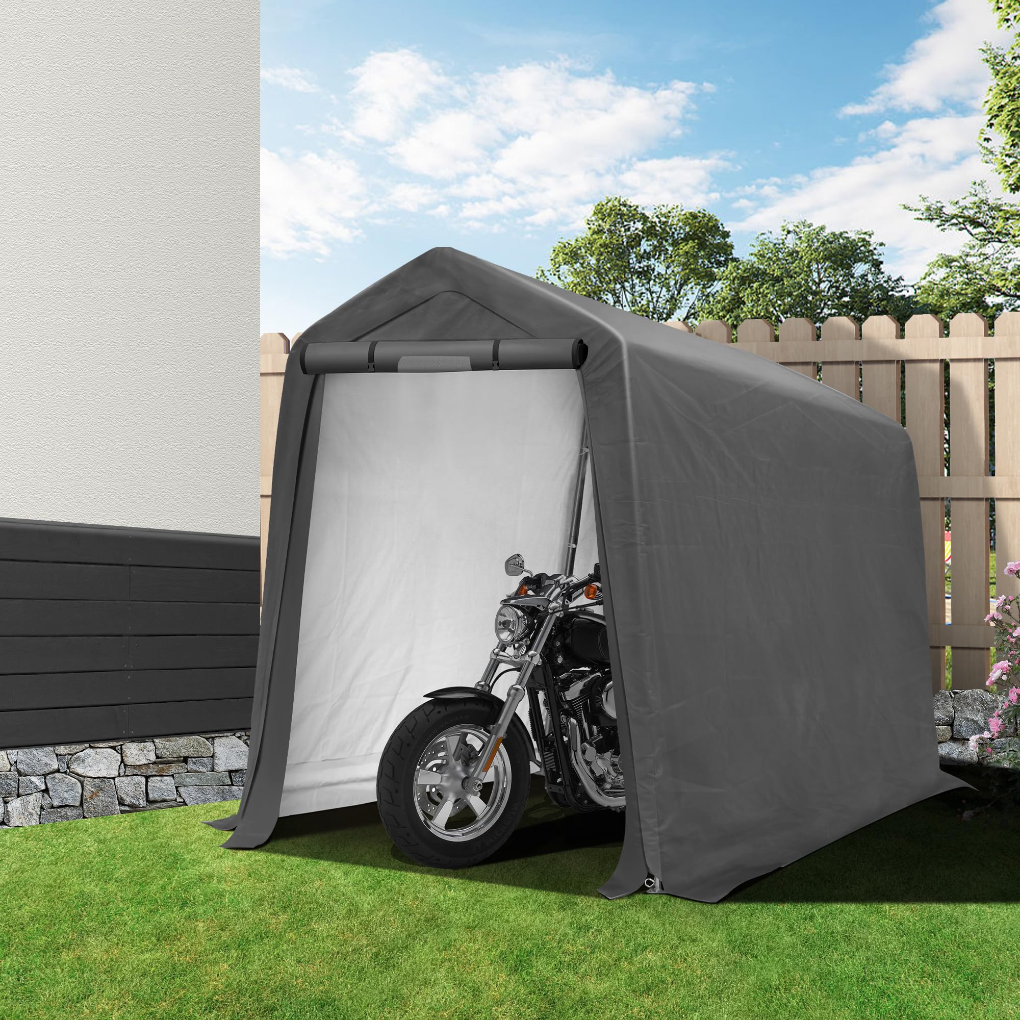 6x7Ft Heavy Duty Waterproof Outdoor Storage Shed - Portable Shelter with Roll-up Ventilated Door for Motorcycle, Firewood & Garden Tools - Perfect for Backyard, Garage & Patio Organization