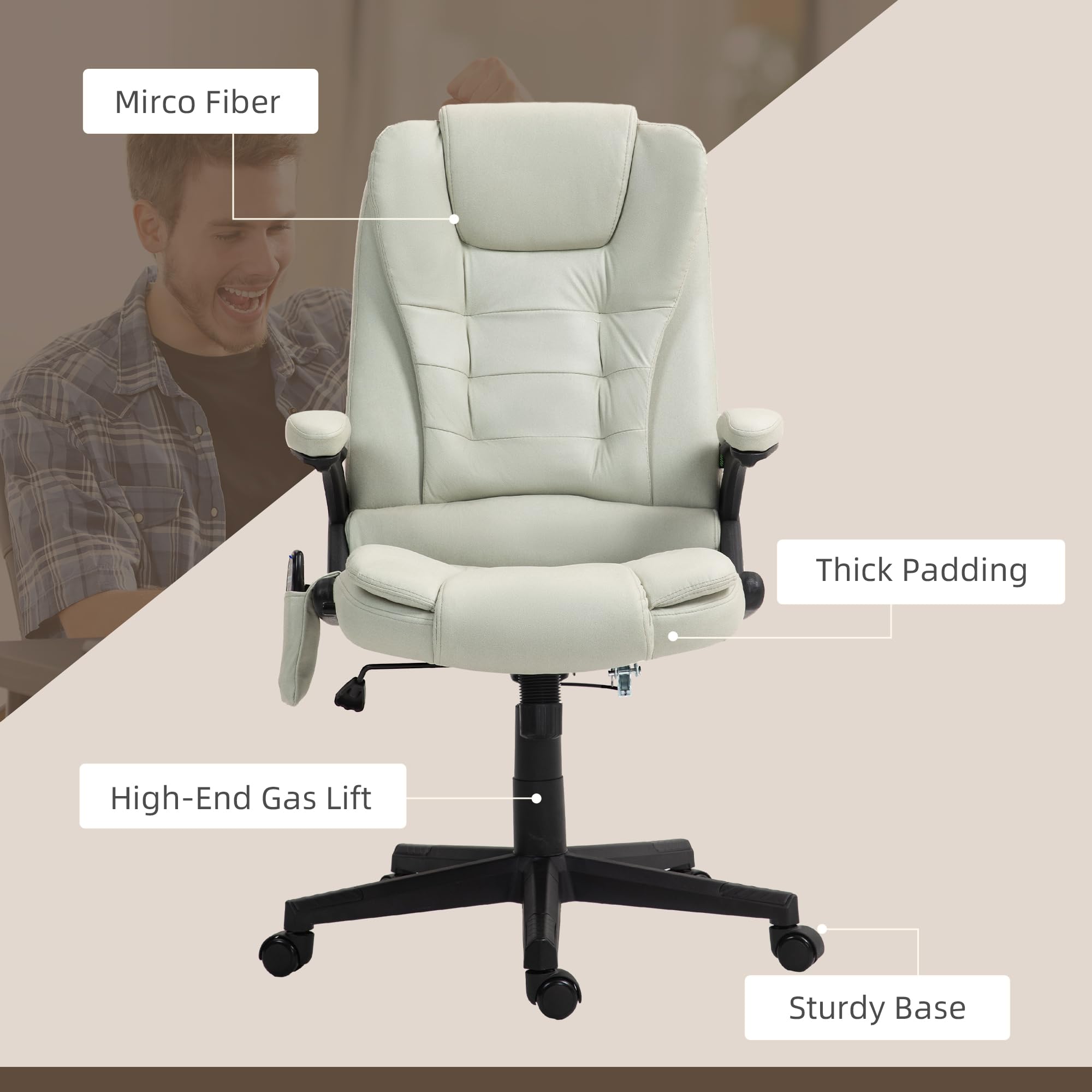 HOMCOM 6-Point Vibrating Massage Office Chair with Heating - High Back Executive Chair, Reclining Backrest & Padded Armrests - Remote Control - Beige Microfiber - Perfect for Home Office, Gaming & Relaxation