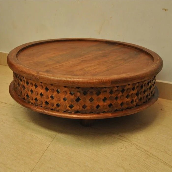Hand Carved Wooden Coffee Table with Detachable Legs - Rustic Living Room Furniture for Home Decor & Entertaining
