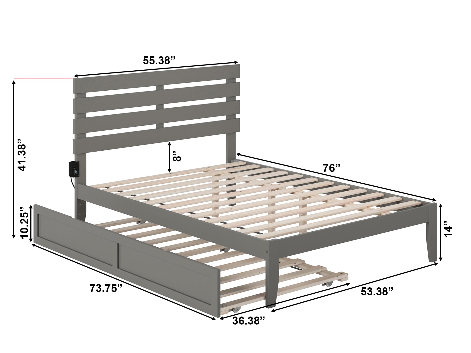 AFI Oxford Full Bed Frame with USB Turbo Charger & Twin Trundle - Grey Modern Platform Bed for Guest Rooms & Small Spaces | Fast Charging Station | Space-Saving Storage Solution