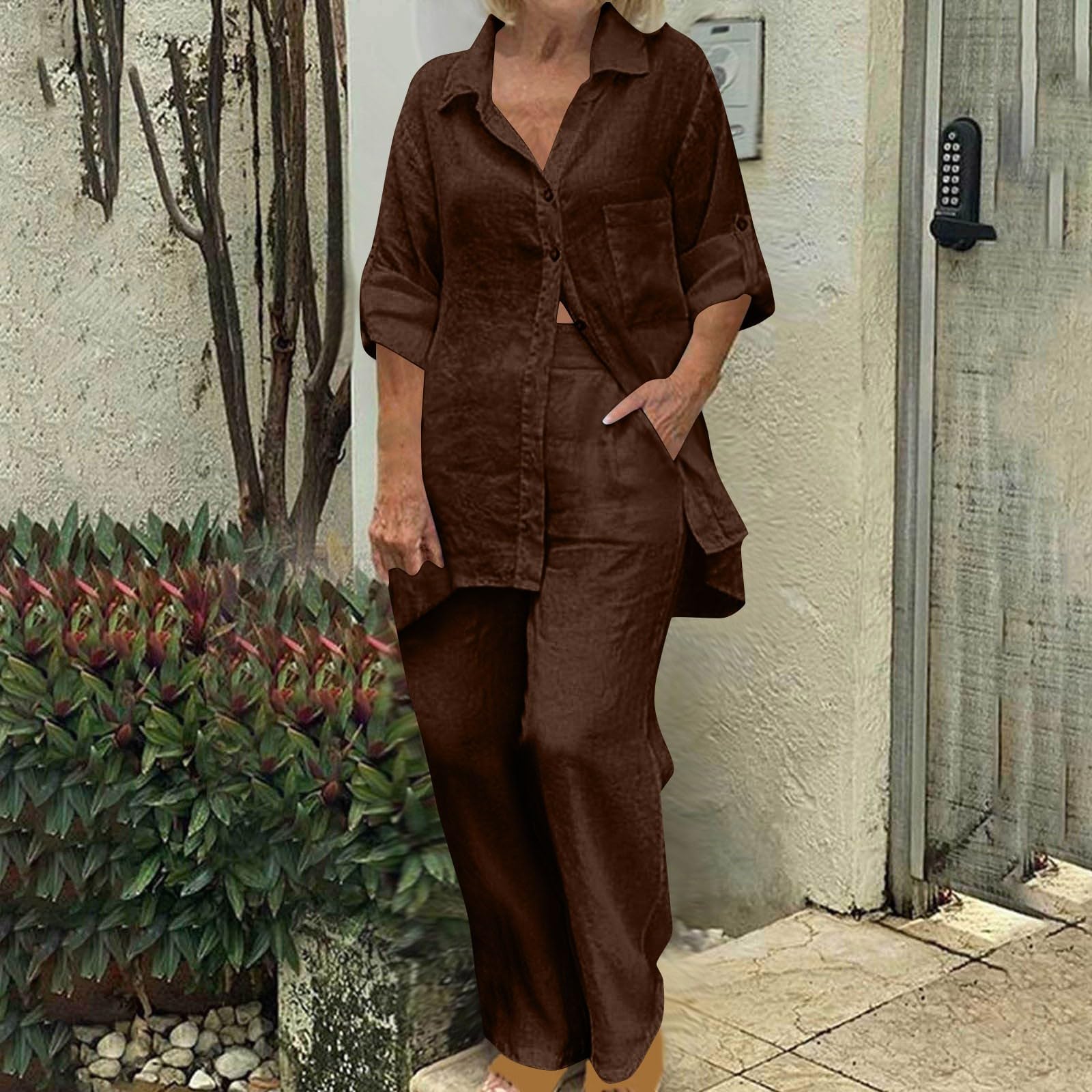 2 Piece Linen Outfits for Women - Summer Button Down Shirts & Pants Set - Lightweight Casual Lounge Wear - Comfy Going Out Clothes 2024 - Perfect for Beach Vacations, Brunch Dates & Relaxing at Home