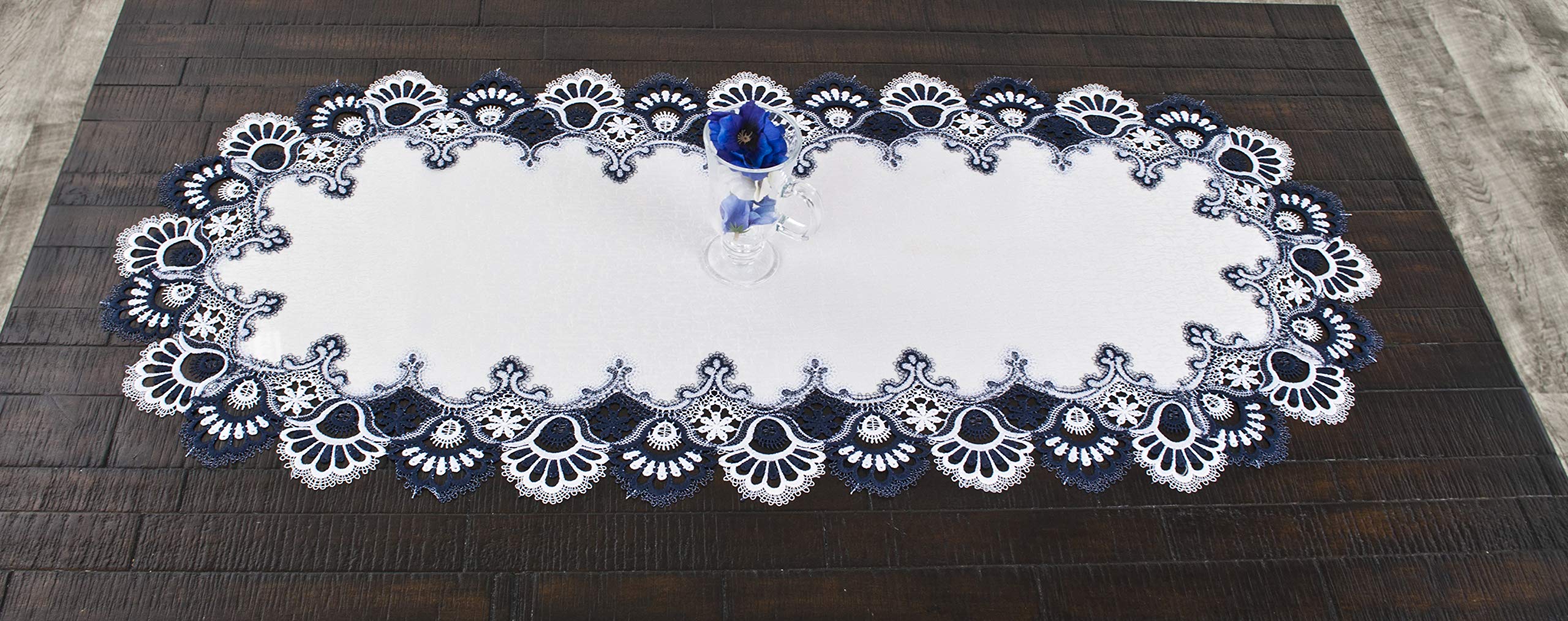 White Navy Blue Jacquard Peacock Tail Lace Dresser Scarf - Elegant Table Runner for Coffee Table, Dining Table, or Dresser (16x35 Inches) - Perfect for Home Decor, Weddings & Special Occasions