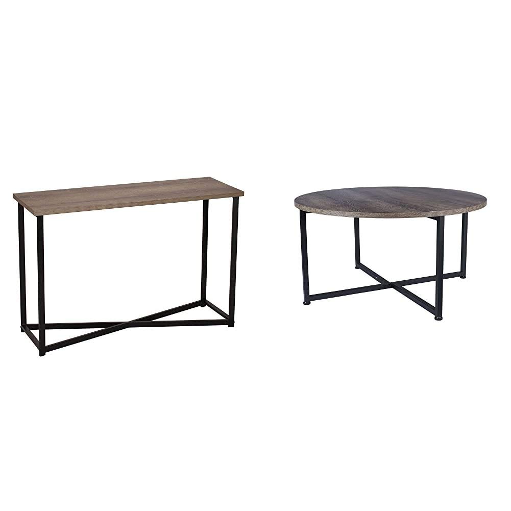 Ashwood Sofa Table - Modern Console Table for Entryway, Living Room & Office | Gray-Brown & Grey Top with Black Frame | Round Coffee Table 31.5