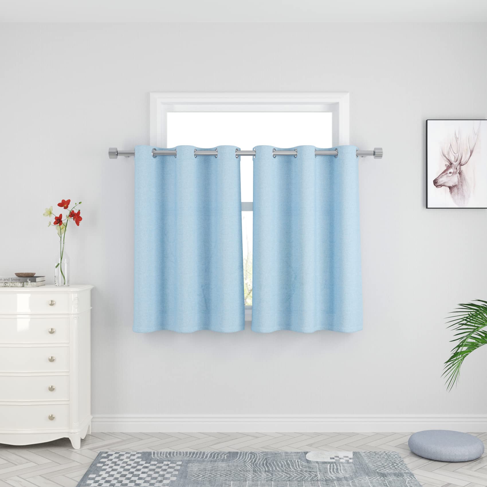 UPOPO 36 Inch Sky Blue Linen Textured Kitchen Curtains - Short Cafe Tier Curtains with Grommet Top for Sink, Cabinet, Bathroom, Basement & Half Windows - Set of 2 Panels for Privacy & Style (Perfect for Caravans, Small Windows & Cozy Spaces)