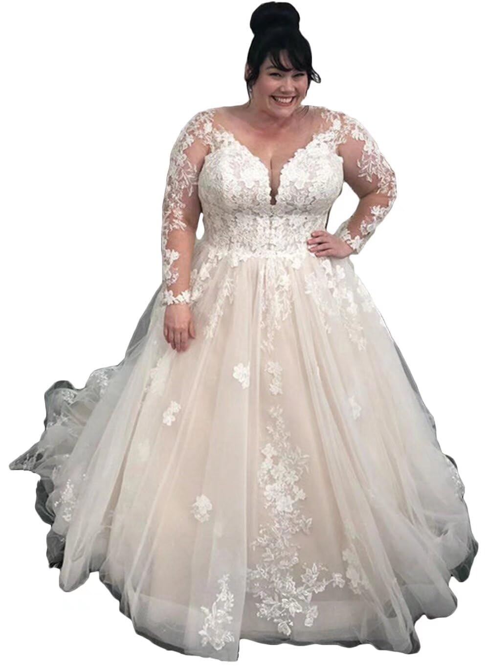Elegant V-Neck Long Sleeve Lace Wedding Dress - Ball Gown Tulle Bridal Gown for Bride | Perfect for Church Ceremonies, Formal Weddings & Romantic Photos