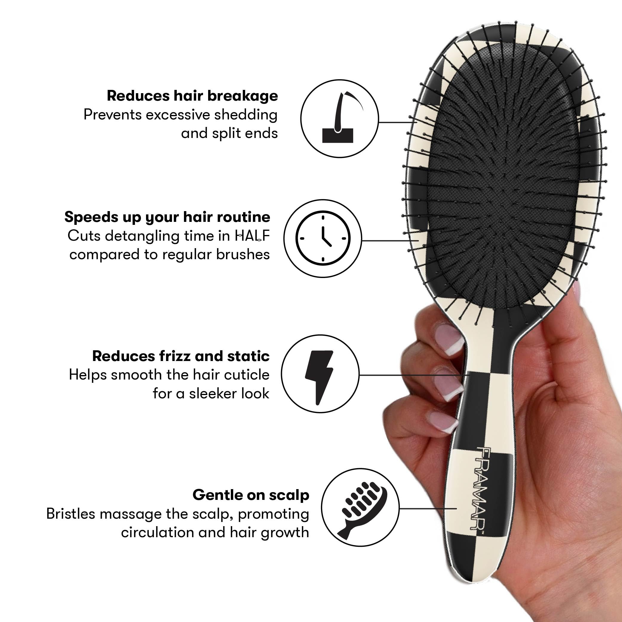 FRAMAR Checkered Print Detangling Hair Brush for Women – Wet & Dry Hair Detangler, Black and White Hair Accessories, Smooth Glide Brush for Tangled Hair – Perfect for Home, Travel & Salon Use