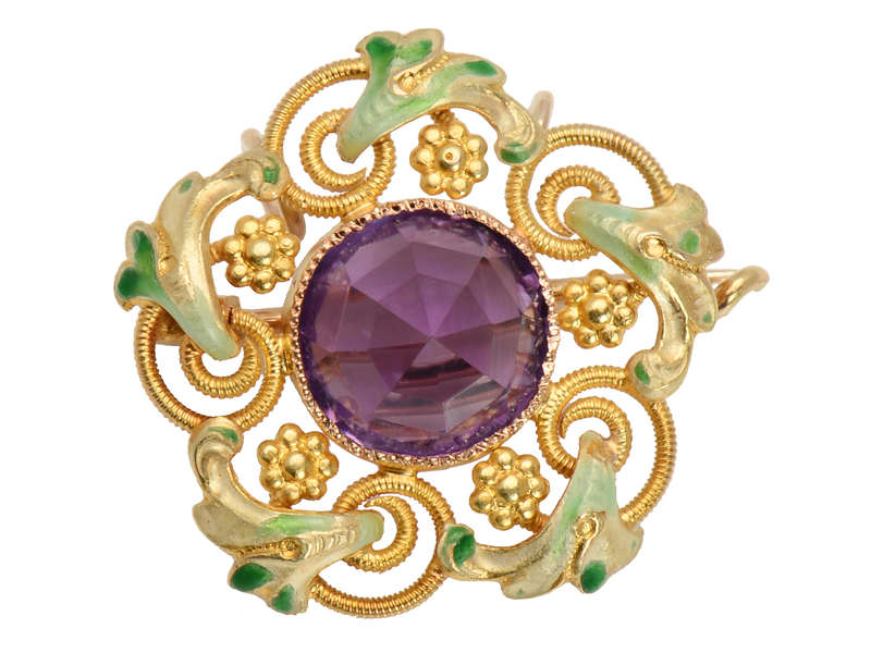 Riker Bros. Amethyst Enamel Brooch Pendant - Vintage Jewelry for Women, Elegant Purple Gemstone Pin for Dresses, Coats & Special Occasions