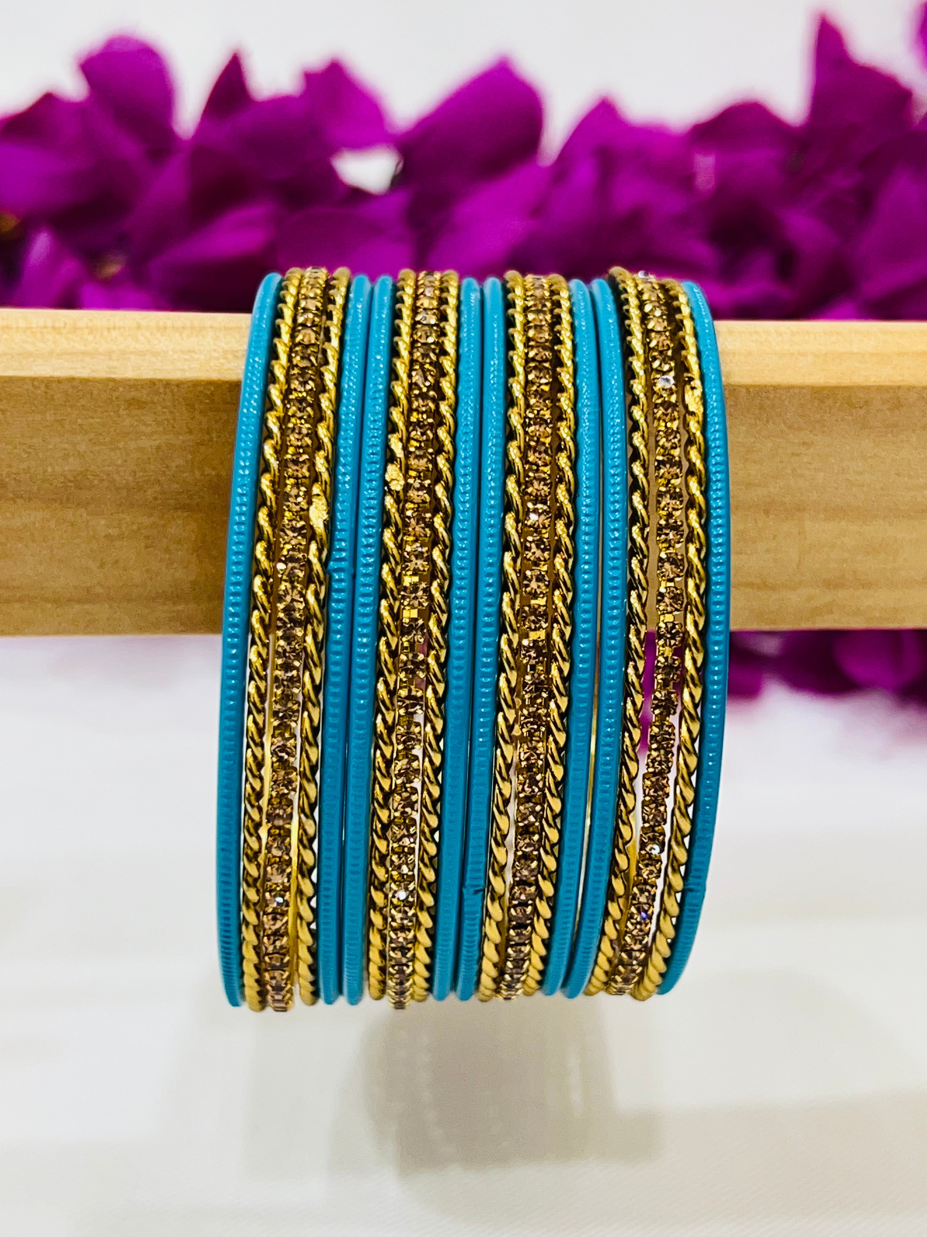 Stylish Sky Blue Metal Bangles with Elegant Gold Spiral Design - Trendy Women's Fashion Jewelry for Parties, Weddings & Everyday Wear