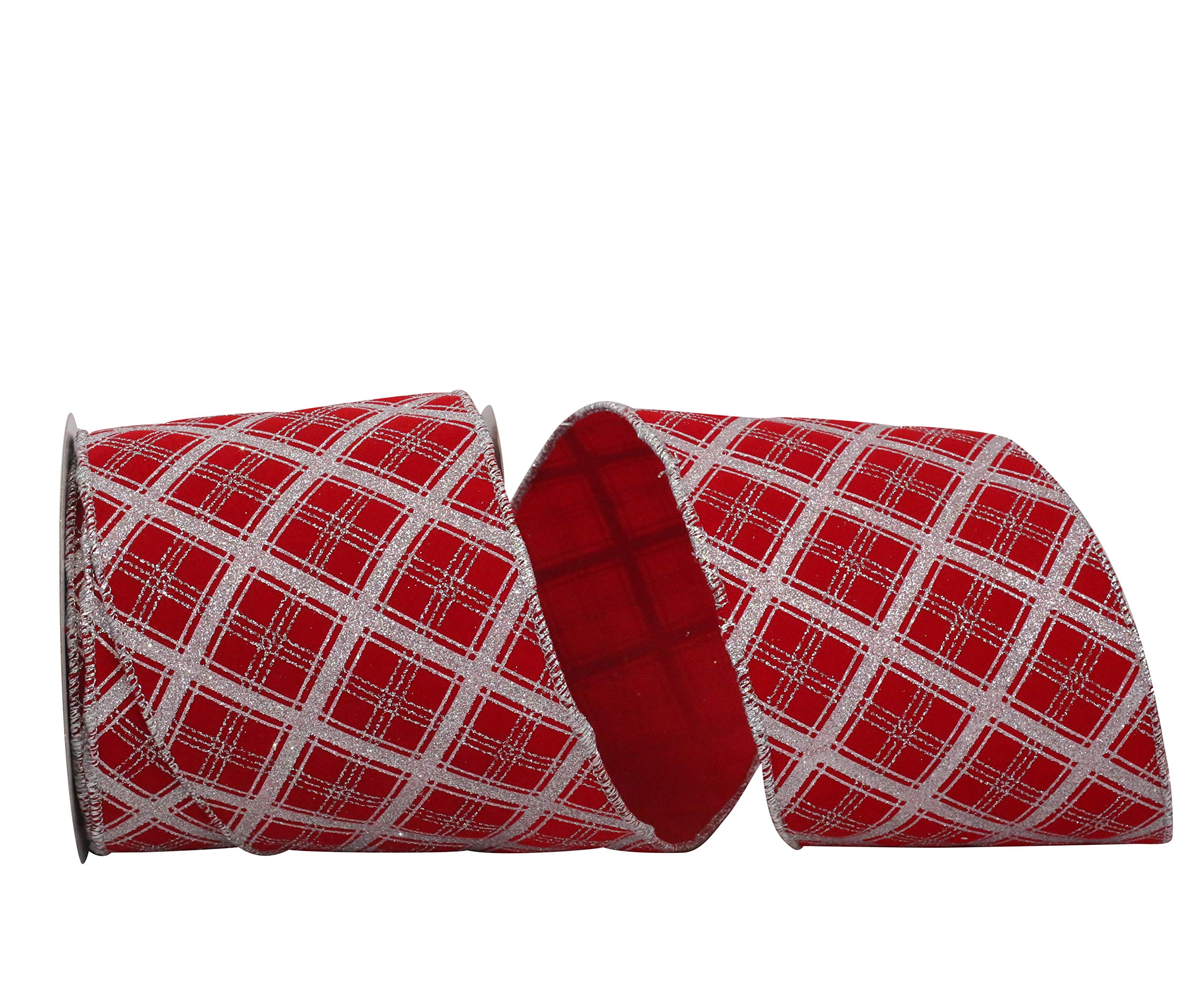 Reliant 4 Inch x 10 Yards Red and Silver Glitter Velvet Wired Edge Ribbon for Gift Wrapping, Christmas Decorations, DIY Crafts, and Party Decor