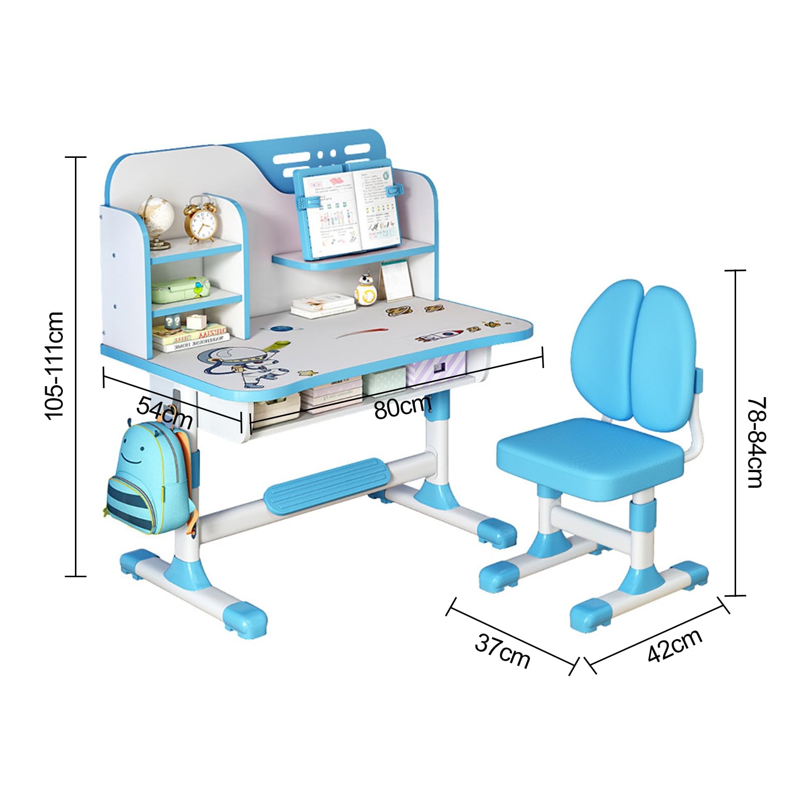 Premium Adjustable Kids Study Desk and Chair Set with Astronaut Design - Ergonomic Children's School Furniture with Writing Board, Bookshelf & Drawer - Perfect for Homework, Reading & Creative Activities (Blue)