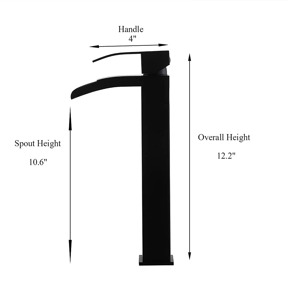 Black Single Handle Waterfall Vessel Sink Faucet with Pop-Up Drain - Tall RV Bathroom Faucet for Vanity Sink, Includes Two 3/8