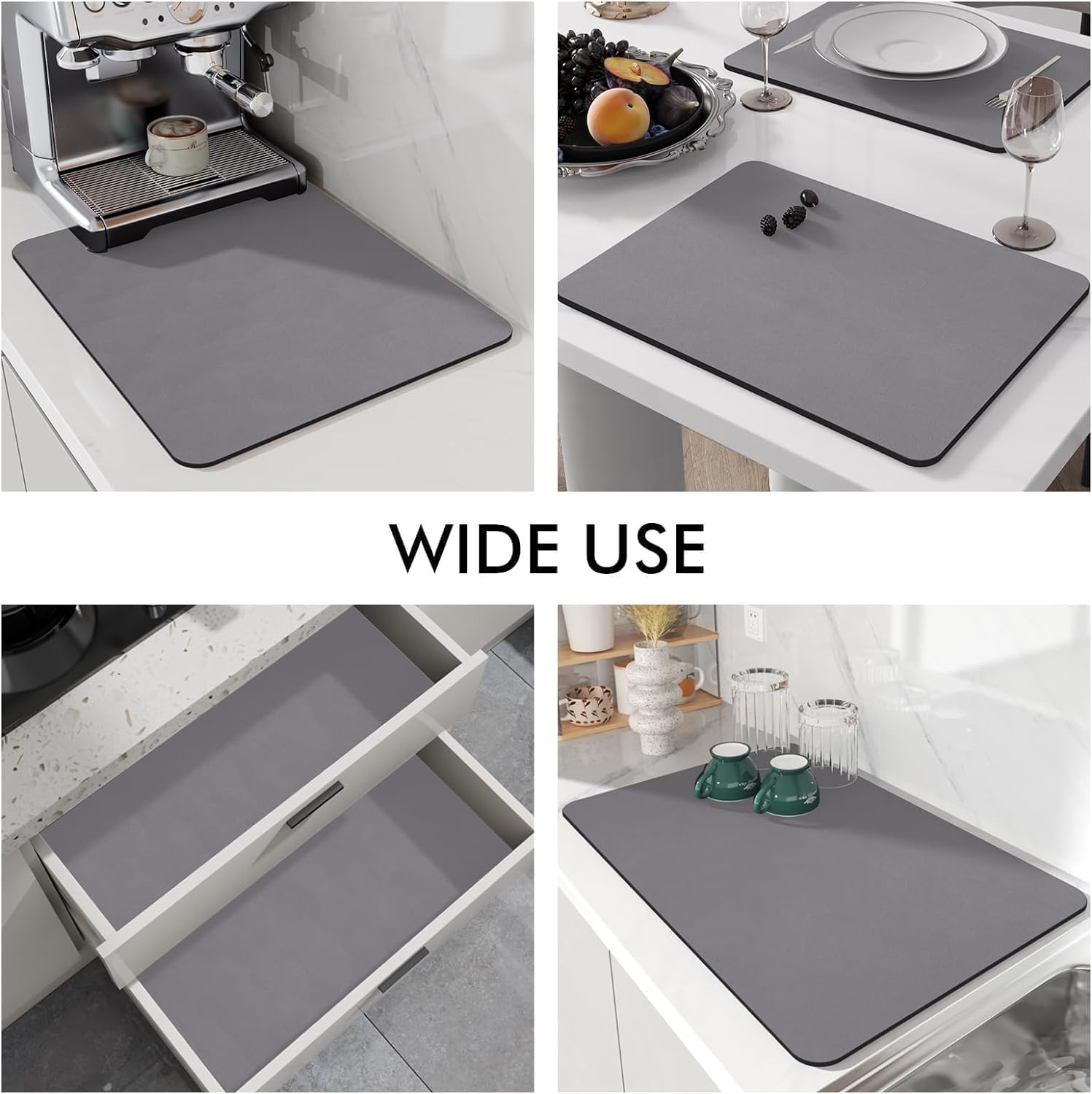 Non-Slip Large Kitchen Drying Mat (60 x 40 cm) - Black Rubber Water Absorbent Dish Drying Rack for Utensils, Cups & Plates | Perfect for Countertops, Sink Areas & Dish Racks