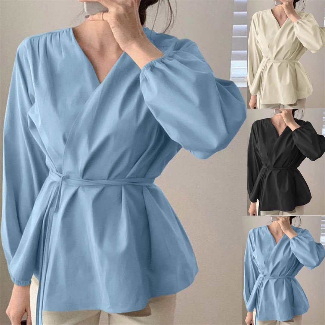 Women's Long Sleeve V-Neck Ruffle Blouse - Off Shoulder Tie Waist Wrap Top in Blue (XXL) | Elegant Casual Wear for Office, Date Night & Special Occasions