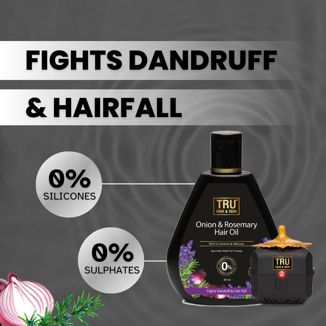 TRU HAIR & SKIN Onion & Rosemary Hair Growth Oil - 100% Pure Natural Treatment for Hair Loss & Thinning Hair - 110ml with Free Hair Heater | Perfect for Daily Scalp Massage & Overnight Hair Care