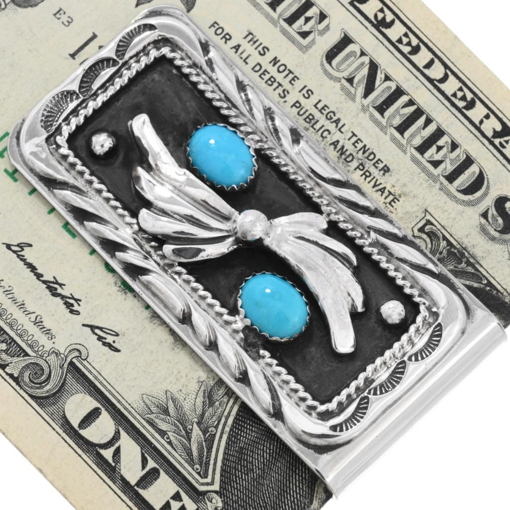 Navajo Kingman Turquoise Money Clip - Sterling Silver Fan Design with Secure Clamp | Perfect for Cash, Credit Cards & Gift Giving