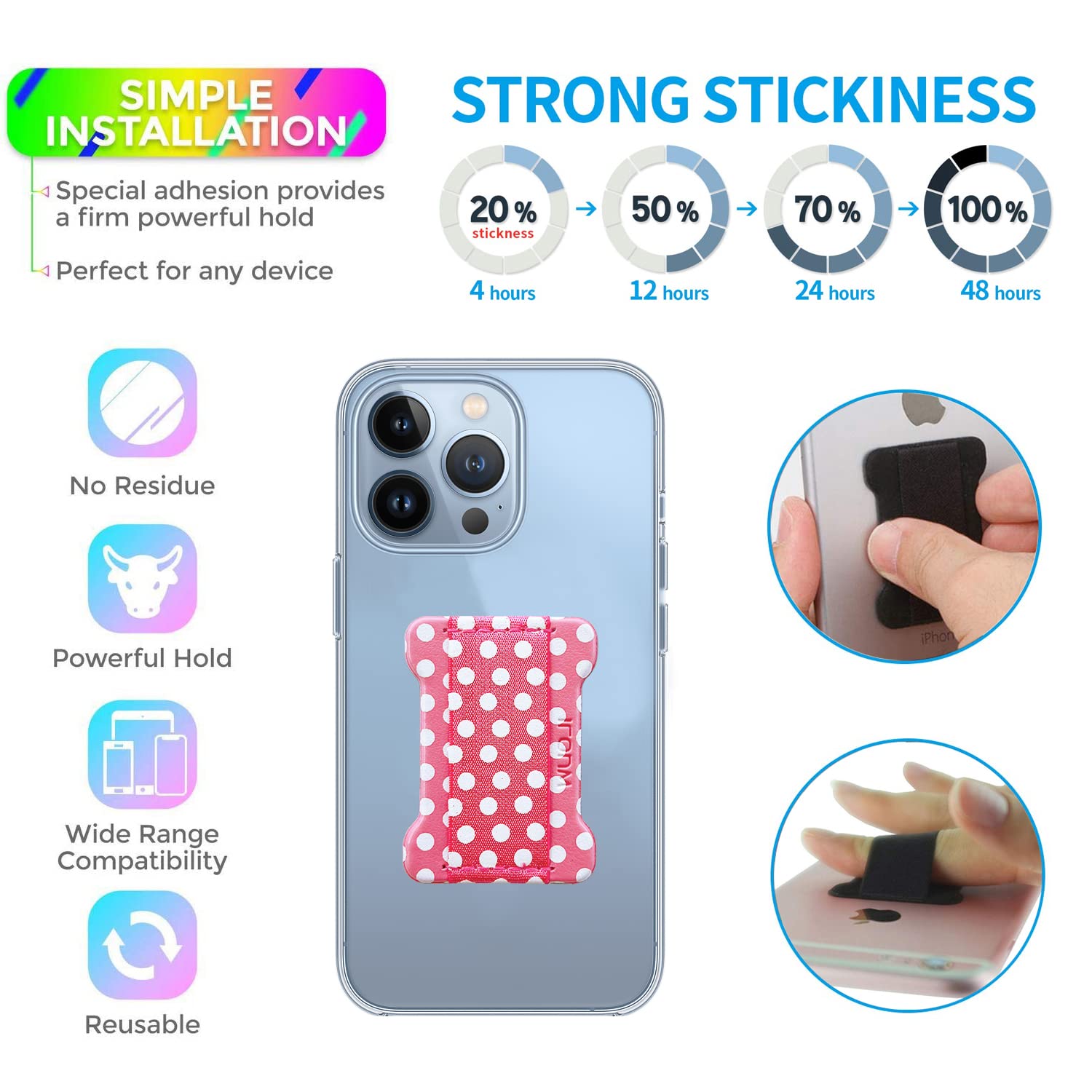 Universal Phone Grip Holder for Smartphones - 2 Pack Non-Slip Finger Stand with Wireless Charging Compatible (Dot Pink) - Perfect for iPhone, Samsung & All Phones - Ideal for Gym, Driving & Video Calls
