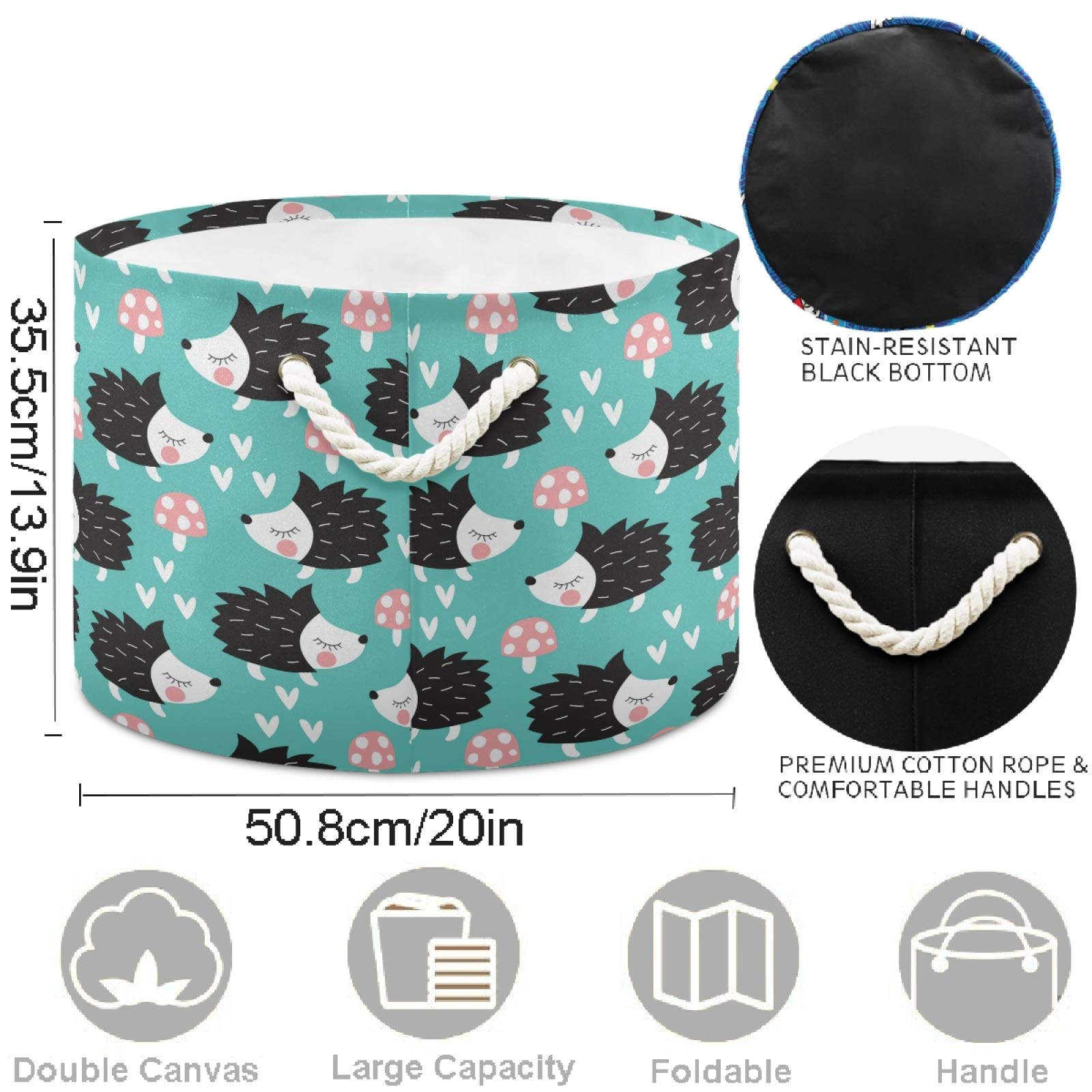 Visesunny Hedgehog Heart Mushroom Cartoon Storage Basket - Waterproof Canvas Fabric Toy Organizer Bin, Nursery Hamper & Laundry Basket for Kids Room, Playroom, Shelves - Perfect for Toy Storage, Clothes Organization & Gift Giving