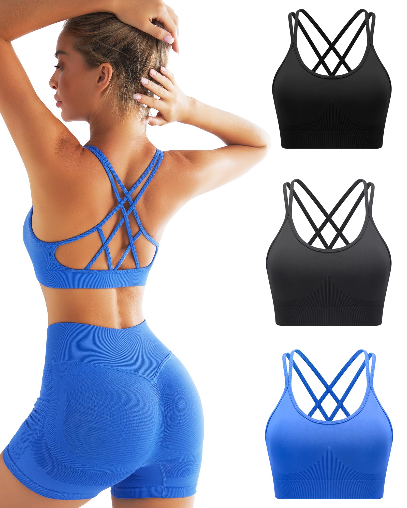 RUNNING GIRL Women's Criss Cross Back Sports Bras 3-Pack - Seamless Padded Yoga Bra with Removable Cups - Sexy Strappy Workout Top for Running, Gym & Yoga
