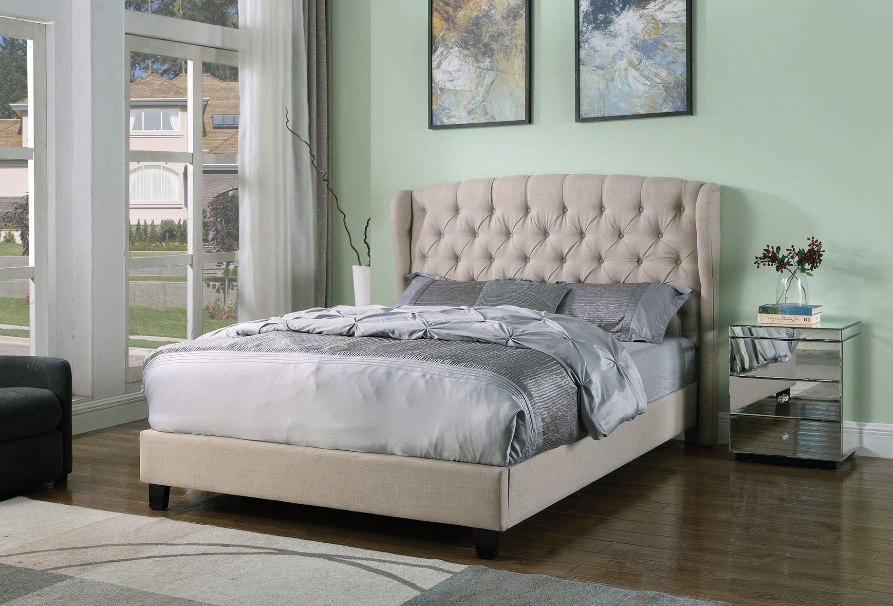 Best Yvette Upholstered Tufted Wingback Platform Queen Size Bed in Beige - Luxury Bedroom Furniture for Master Suite & Guest Room Decor