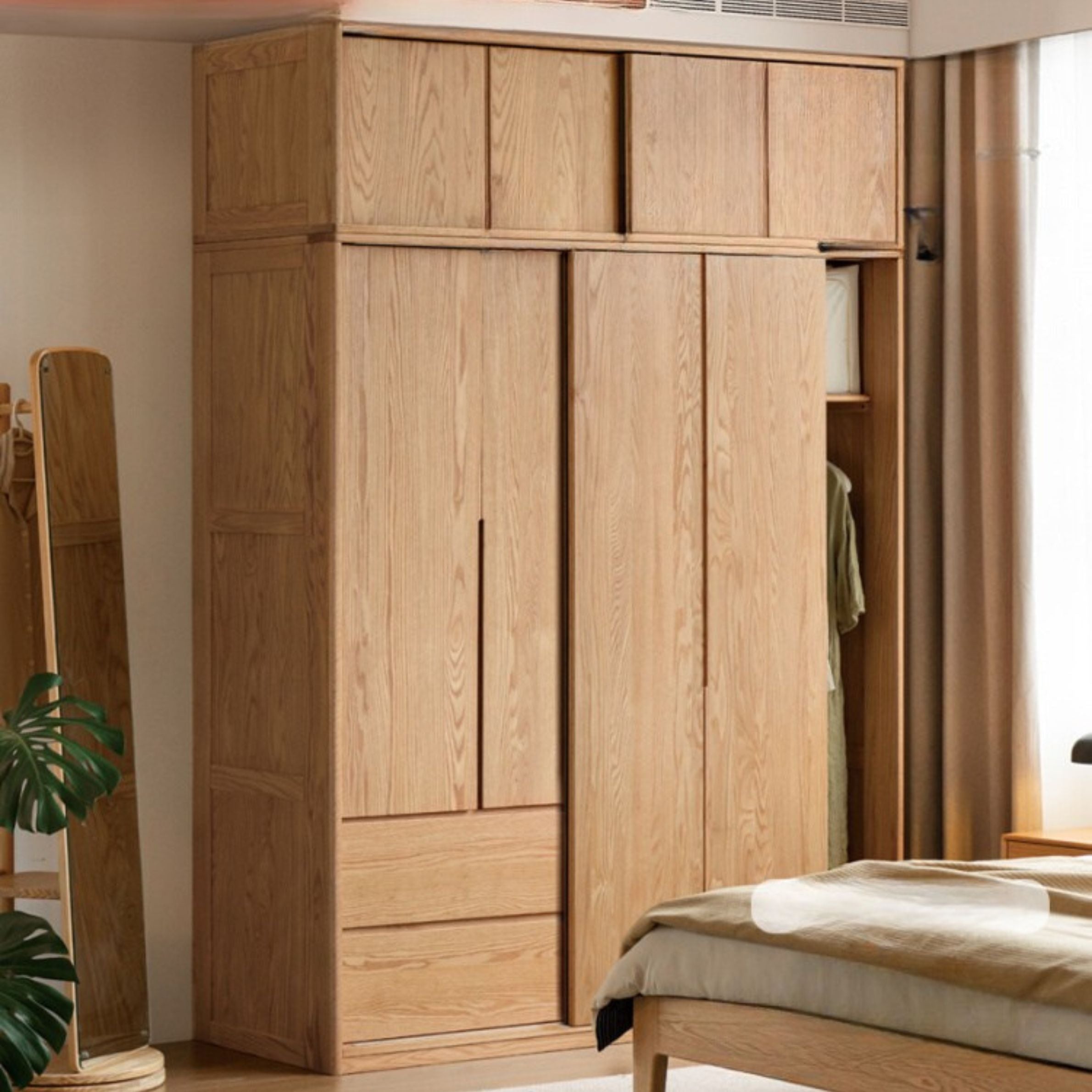Solid Oak Wood Modern Wardrobe with Ample Storage - Perfect for Bedroom, Living Room, and Office Organization