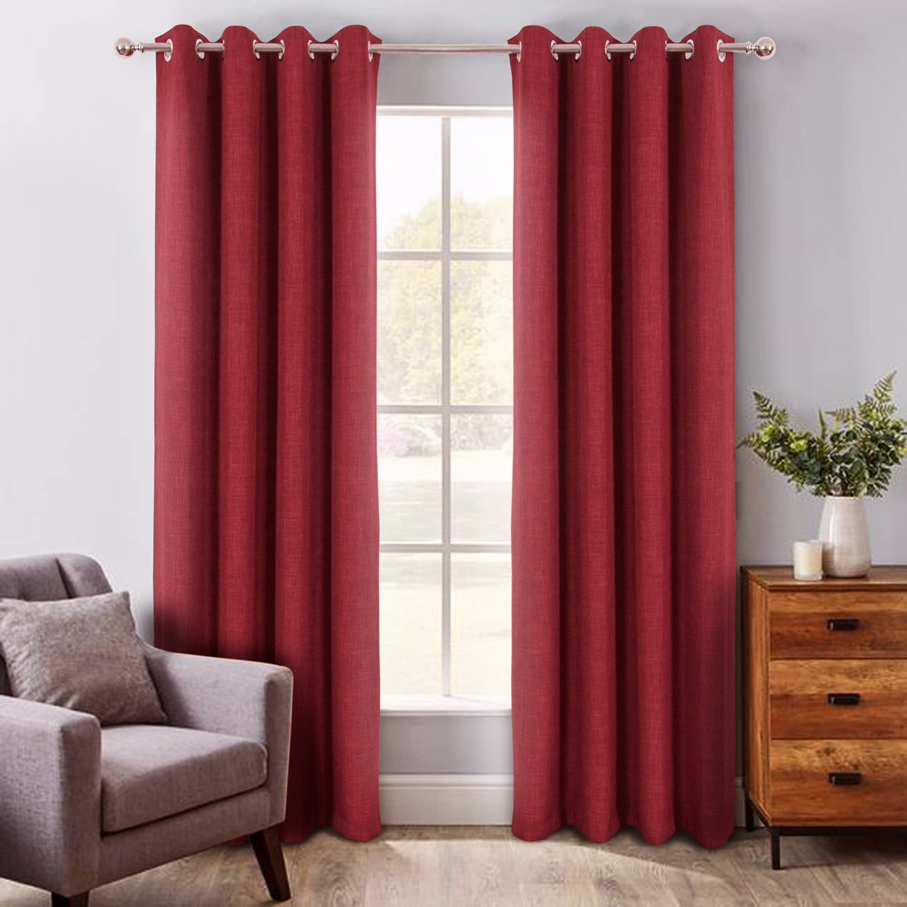 Always4u Linen Look Curtains - Faux Burlap Textured Window Drapes 54x108 Inches, 2 Panels Set for Living Room & Bedroom - Burgundy Grommet Top Blackout Curtains - Perfect for Farmhouse, Rustic & Modern Home Decor