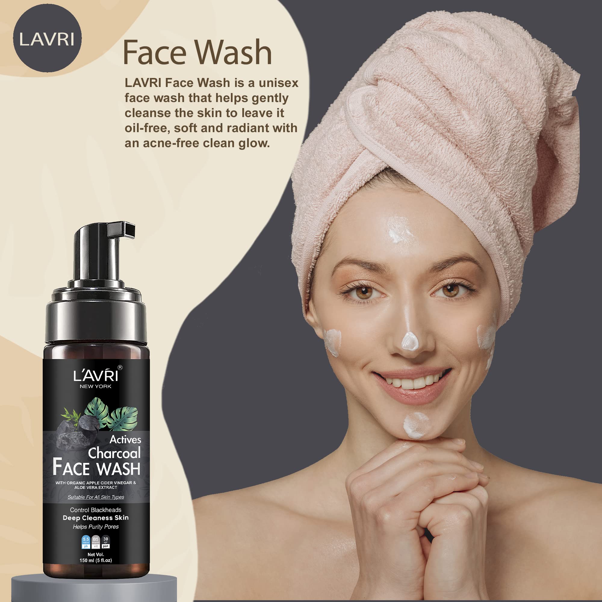 LAVRI Charcoal Face Wash 150ml - Deep Cleansing & Pore Minimizing Facial Cleanser for Oily, Dry & Sensitive Skin (Pack of 2) | Daily Skincare Routine & Acne Treatment