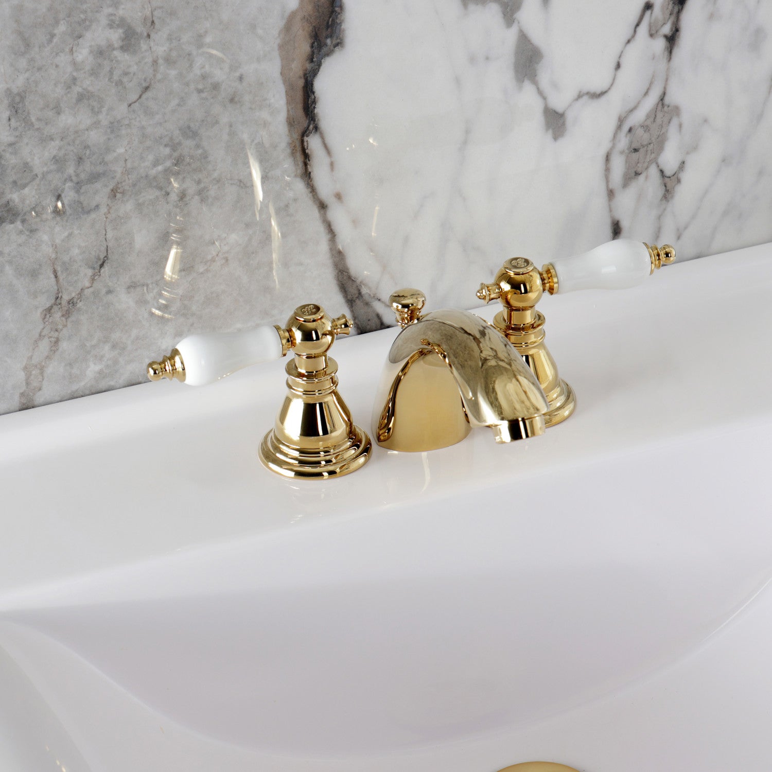 American Patriot KB952APL 3-Hole Mini Widespread Bathroom Faucet - Two Handle Deck Mount with Pop-Up Drain - Polished Brass Finish - Perfect for Small Bathrooms & Powder Rooms