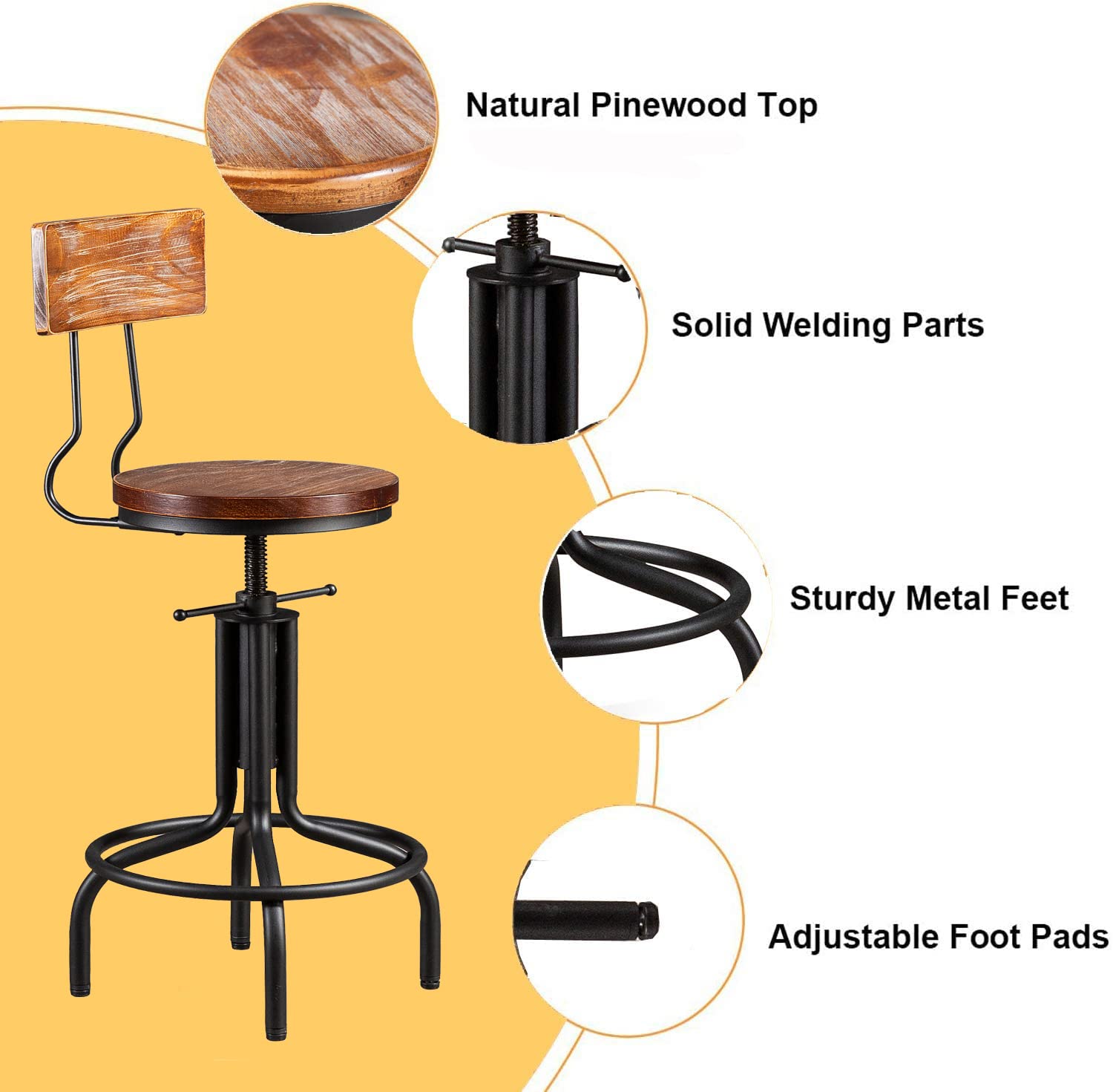 Set of 2 Adjustable Height Industrial Bar Stools - Swivel Farmhouse Kitchen Dining Chairs with Backrest - 19.7 to 25.5 Inch Counter Height - Perfect for Breakfast Bars, Home Kitchens, and Restaurant Seating